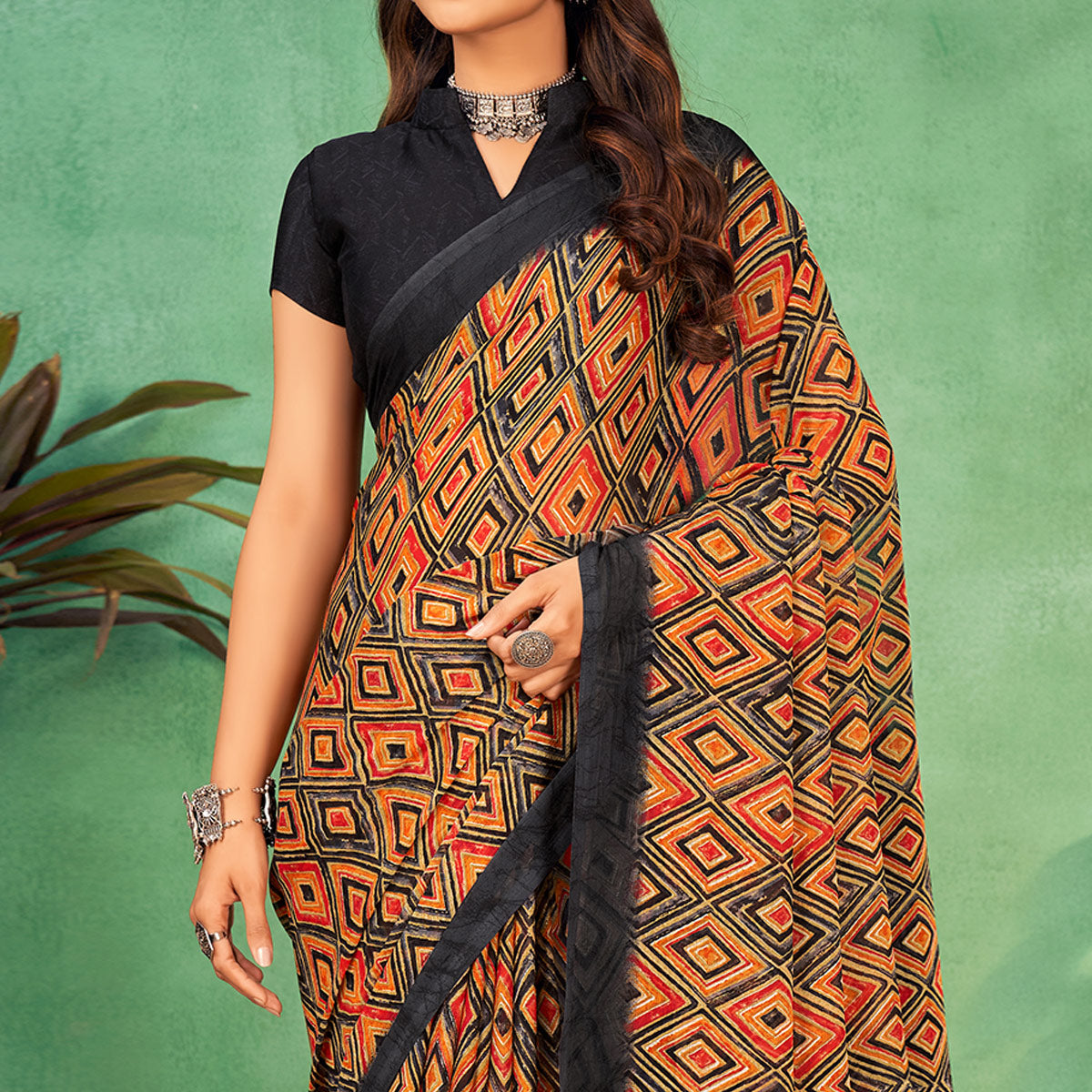 Multicolor Geometric Printed Chiffon Saree