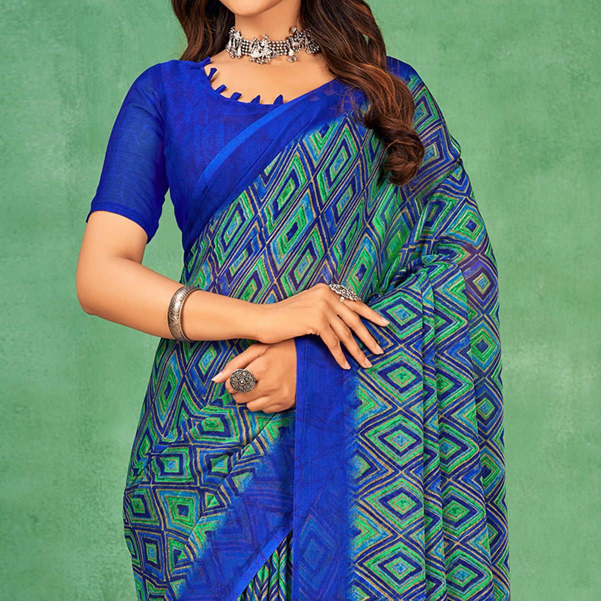 Royal Blue Geometric Printed Chiffon Saree