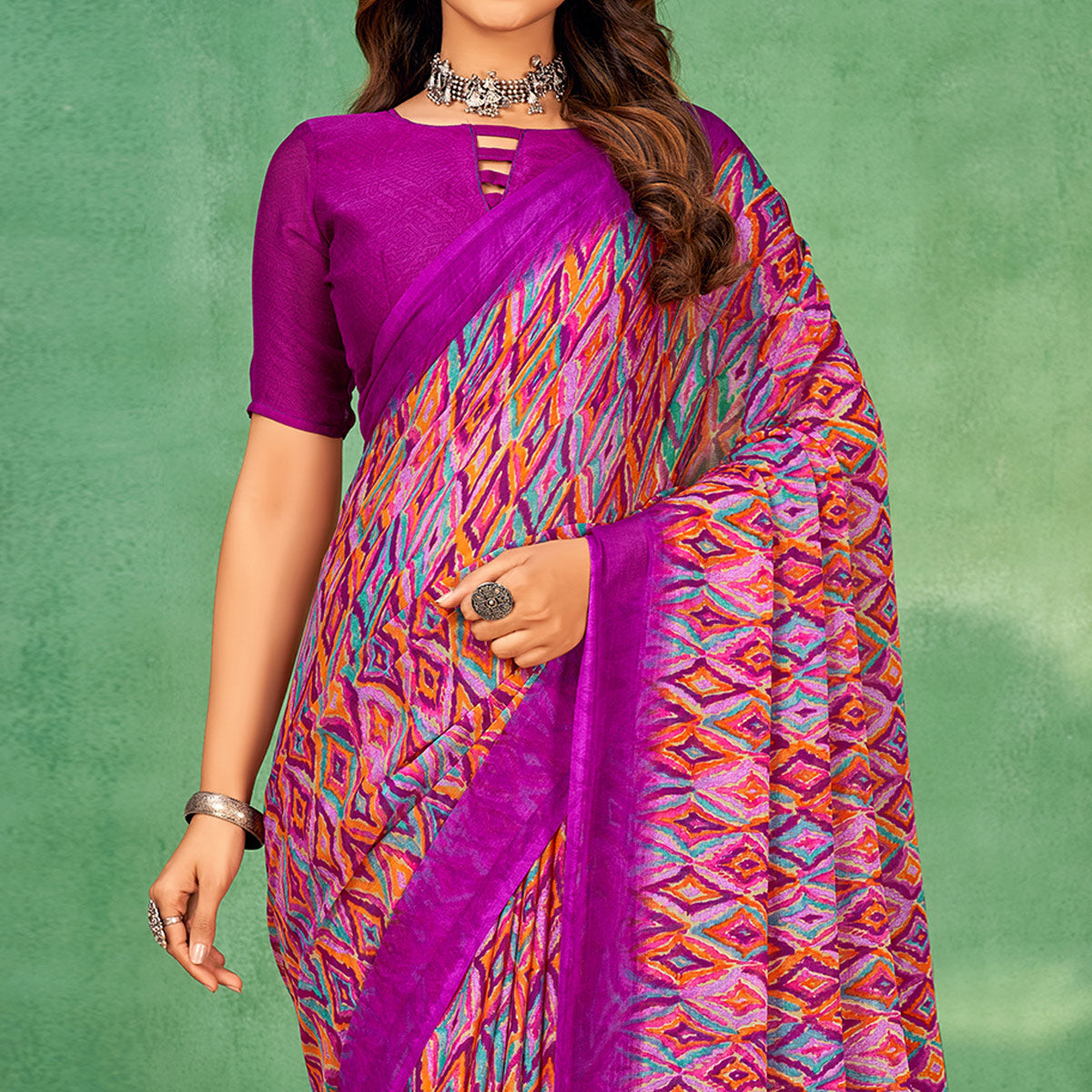 Purple Printed Chiffon Saree