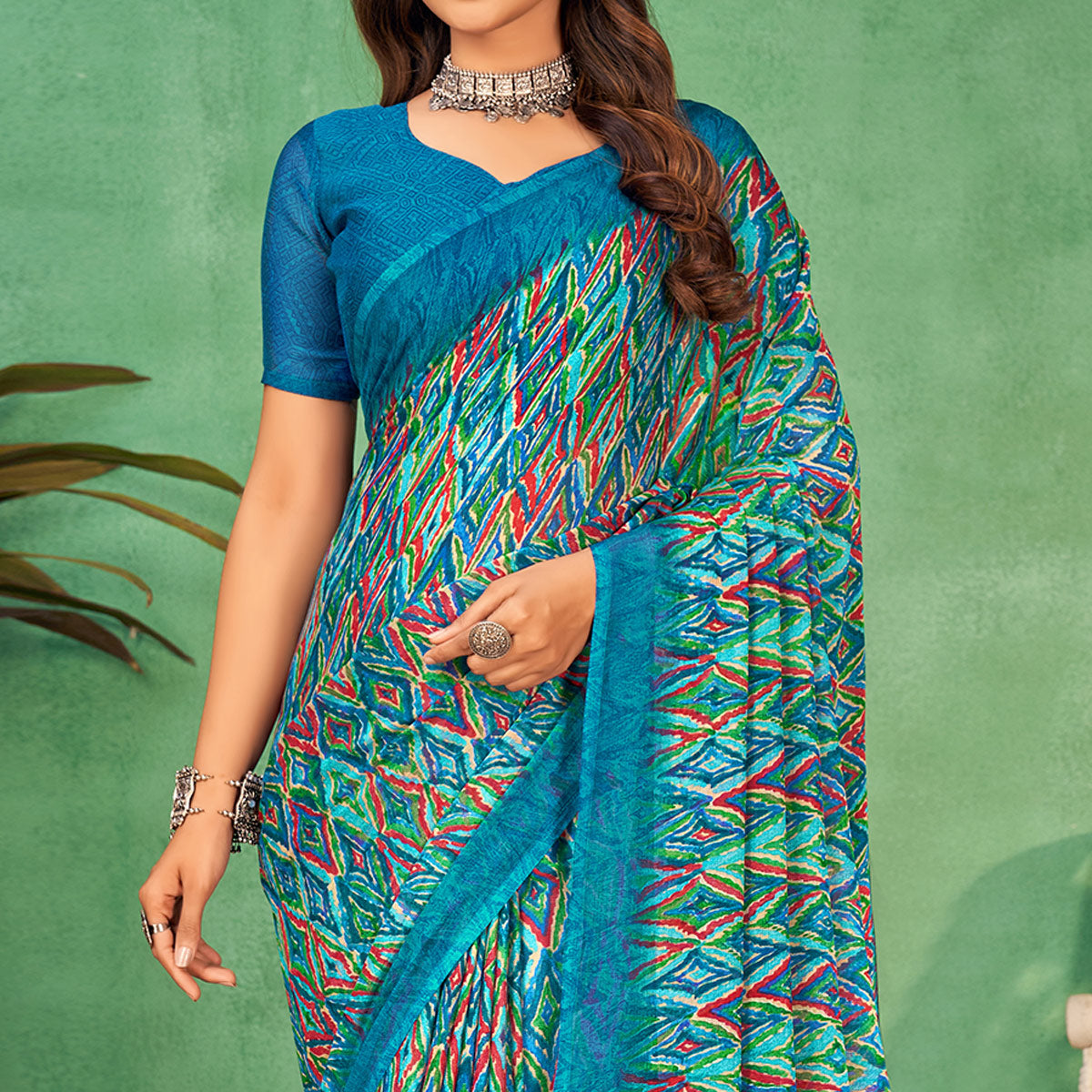 Blue Printed Chiffon Saree