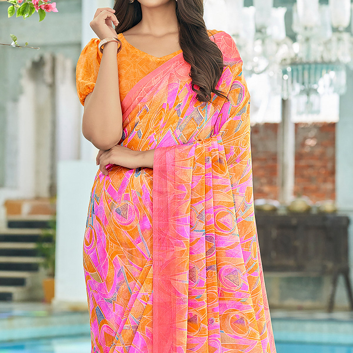 Pink & Orange Geometric Printed Chiffon Saree