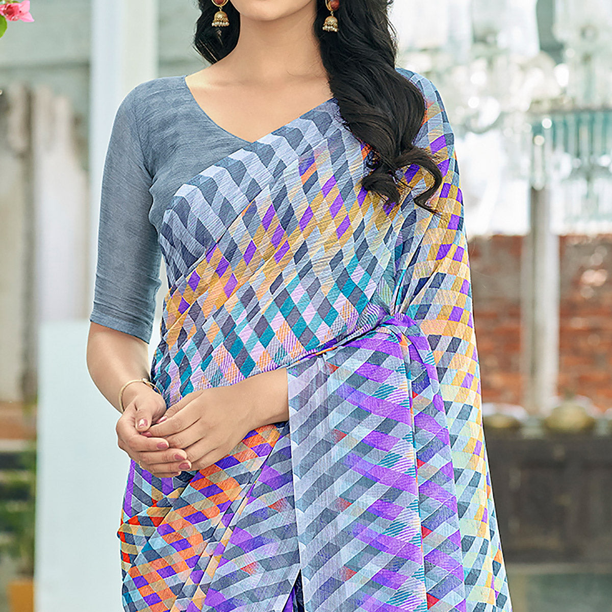 Grey Checks Printed Chiffon Saree