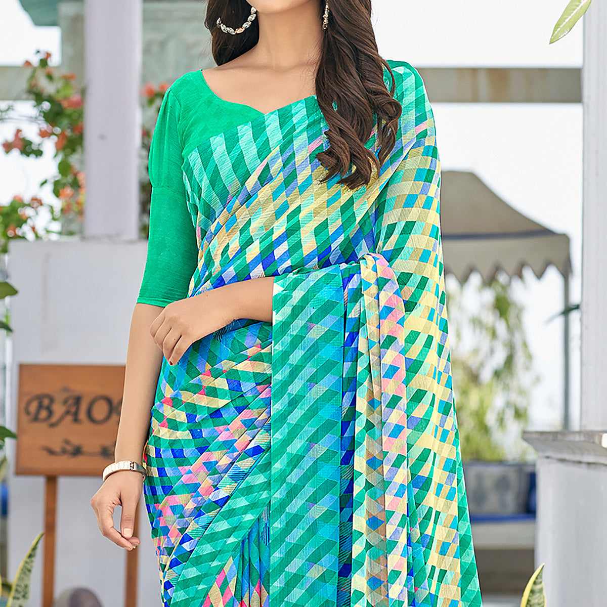 Turquoise Checks Printed Chiffon Saree