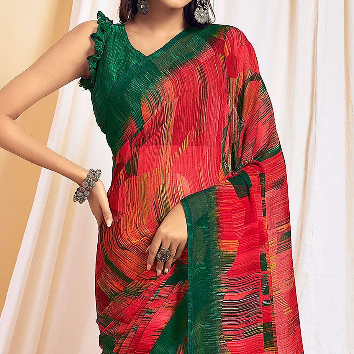 Pink & Green Printed Chiffon Saree