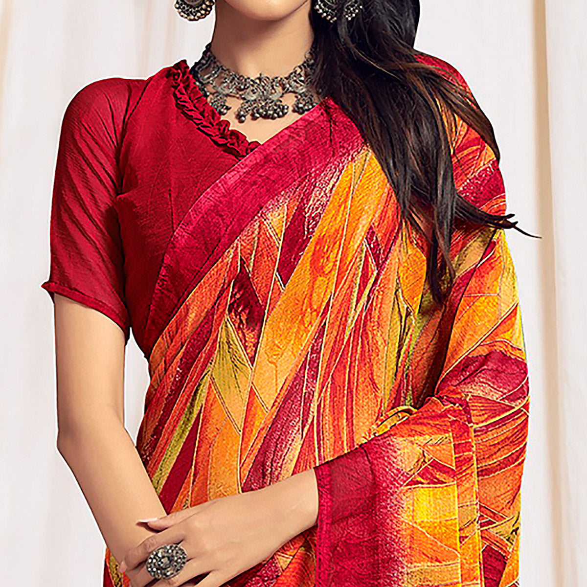 Orange & Red Printed Chiffon Saree