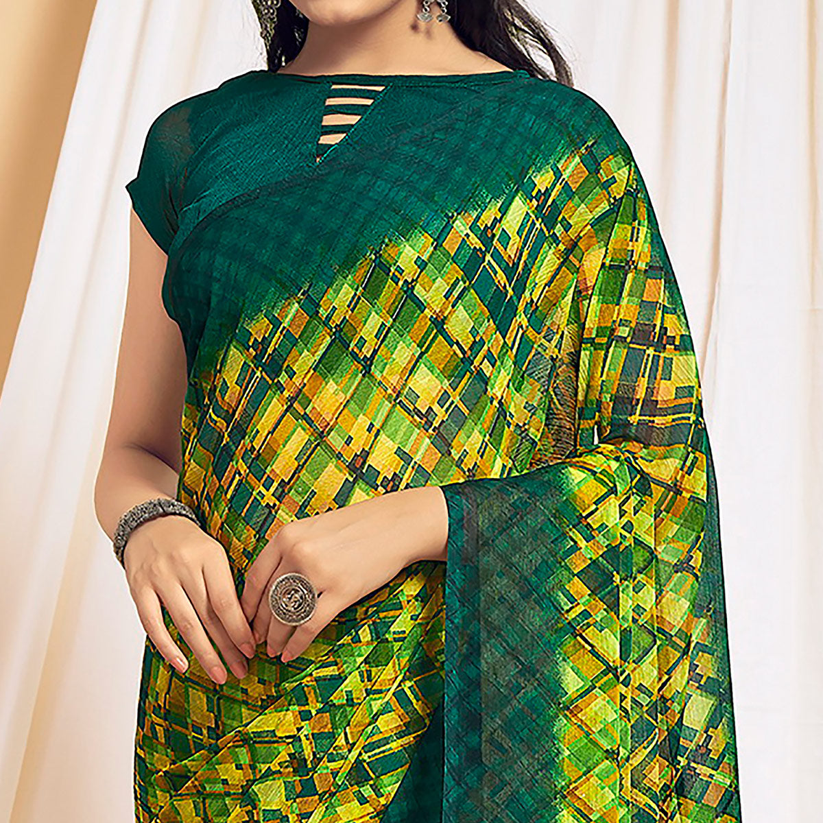 Lemon Green Printed Chiffon Saree