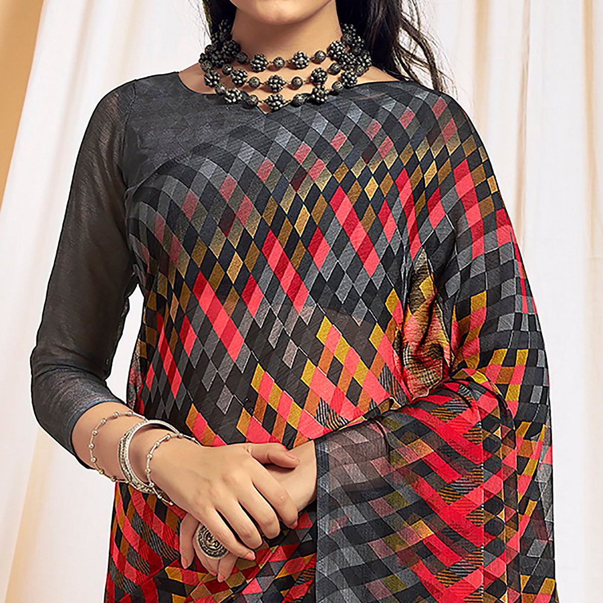 Grey Printed Chiffon Saree