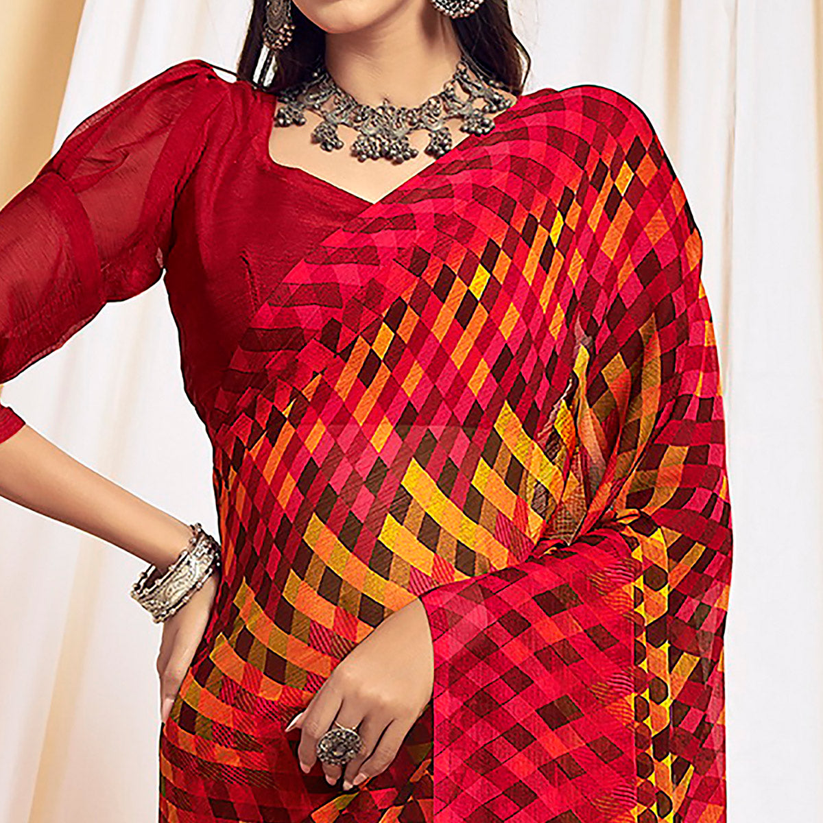 Red Printed Chiffon Saree