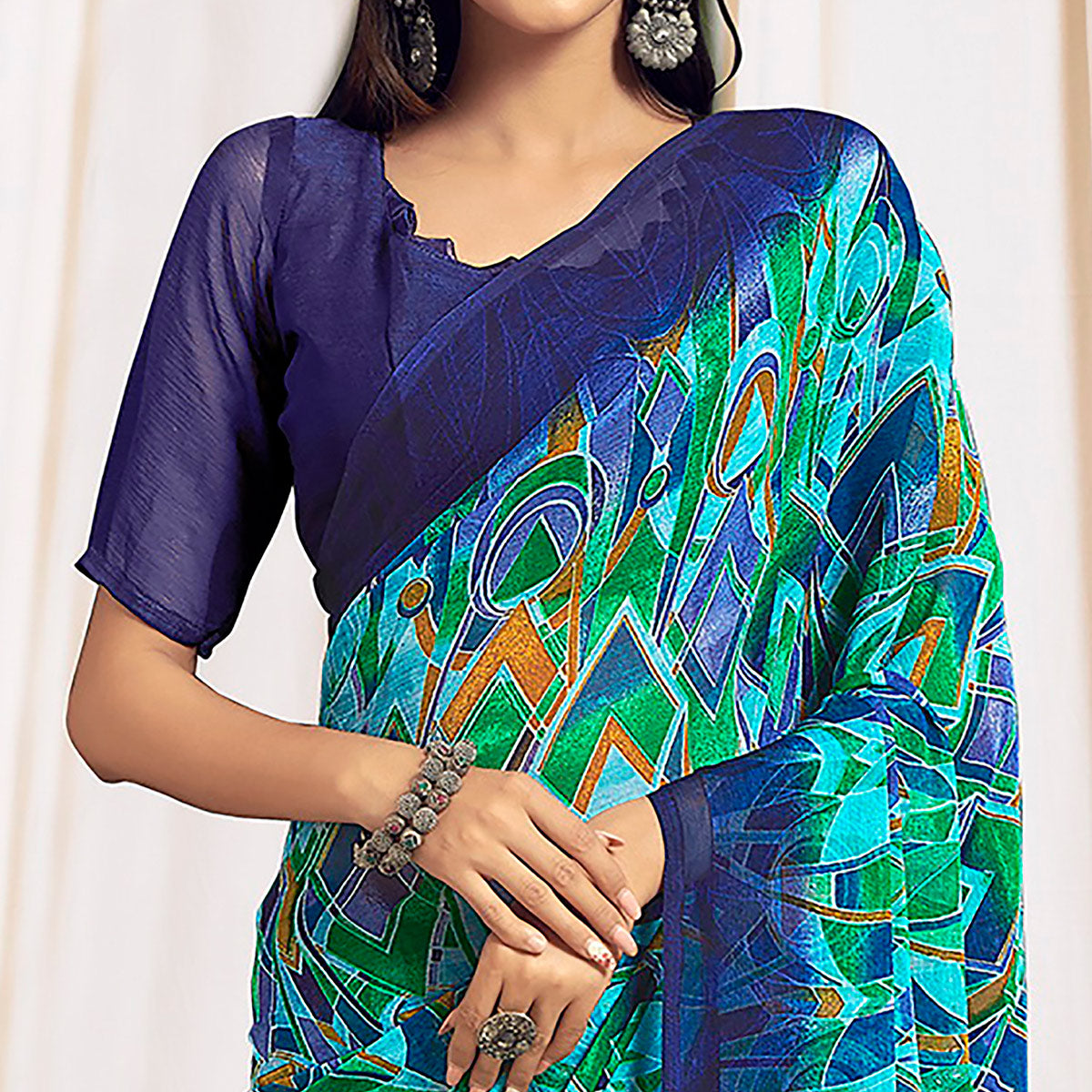 Blue Printed Chiffon Saree