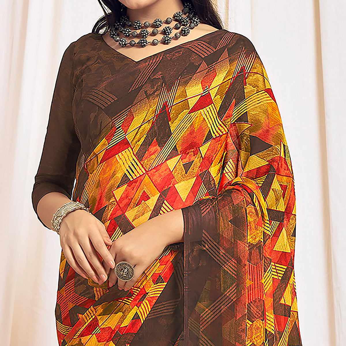 Yellow & Brown Printed Chiffon Saree