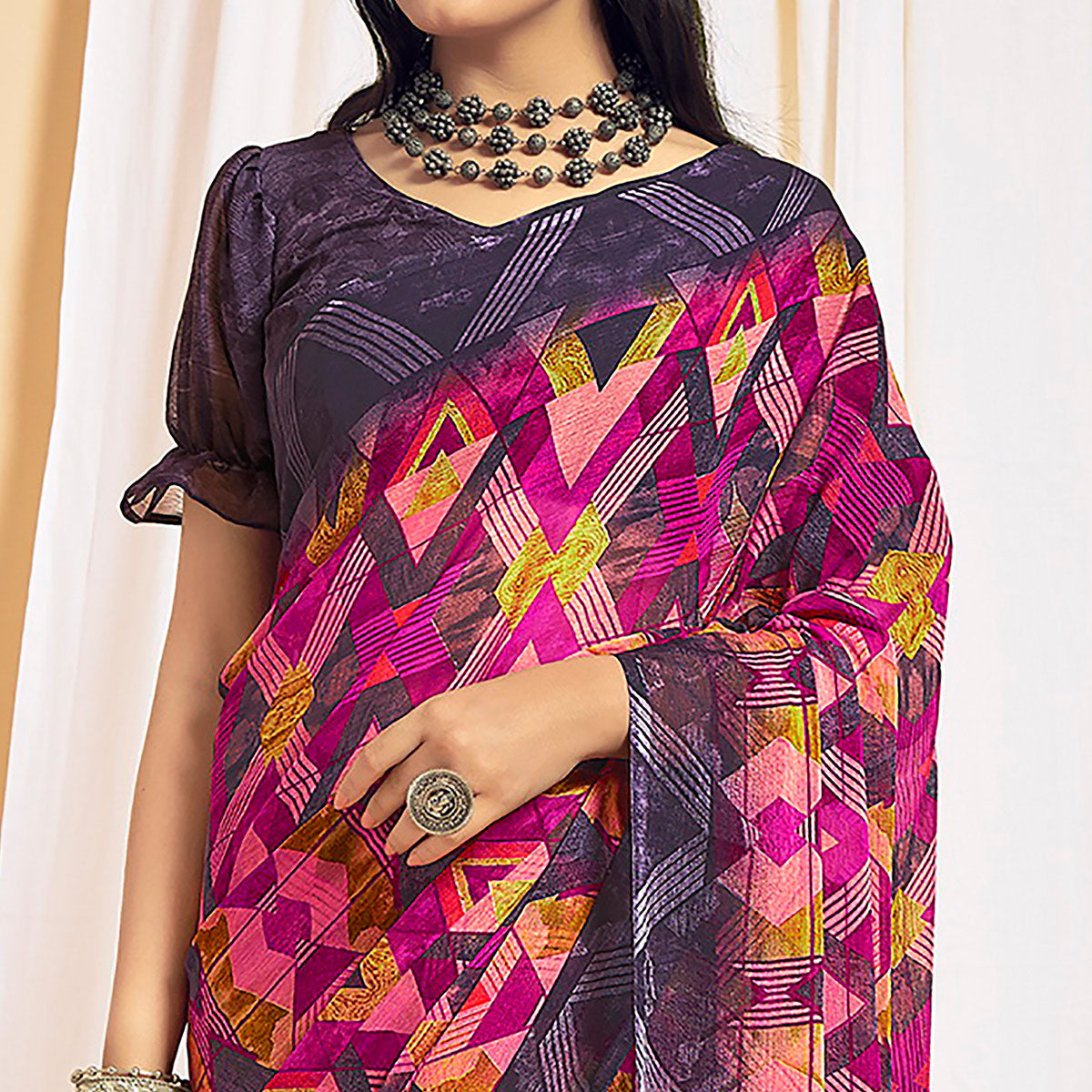 Magenta Printed Chiffon Saree