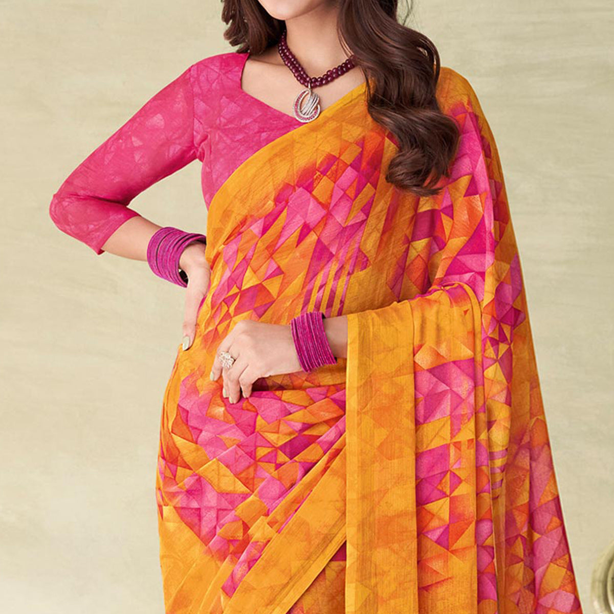 Yellow & Pink Geometric Printed Chiffon Saree