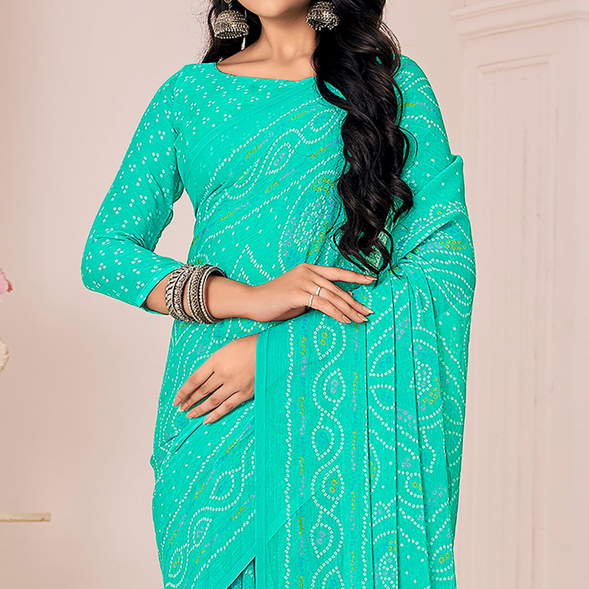 Turquoise Bandhani Printed Chiffon Saree