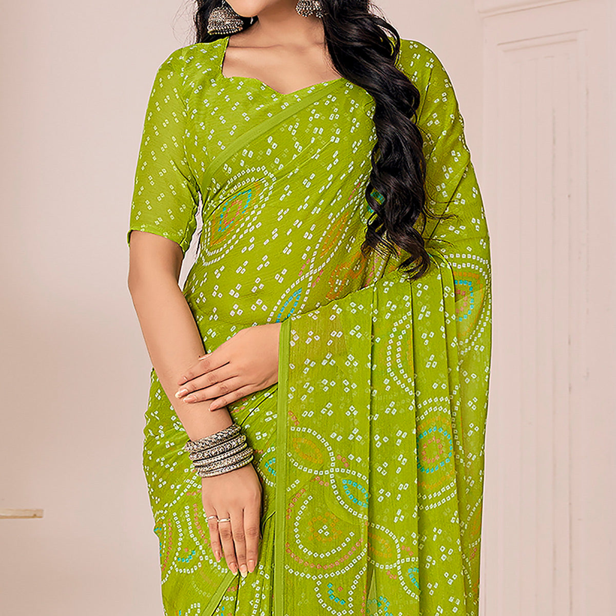 Green Bandhani Printed Chiffon Saree