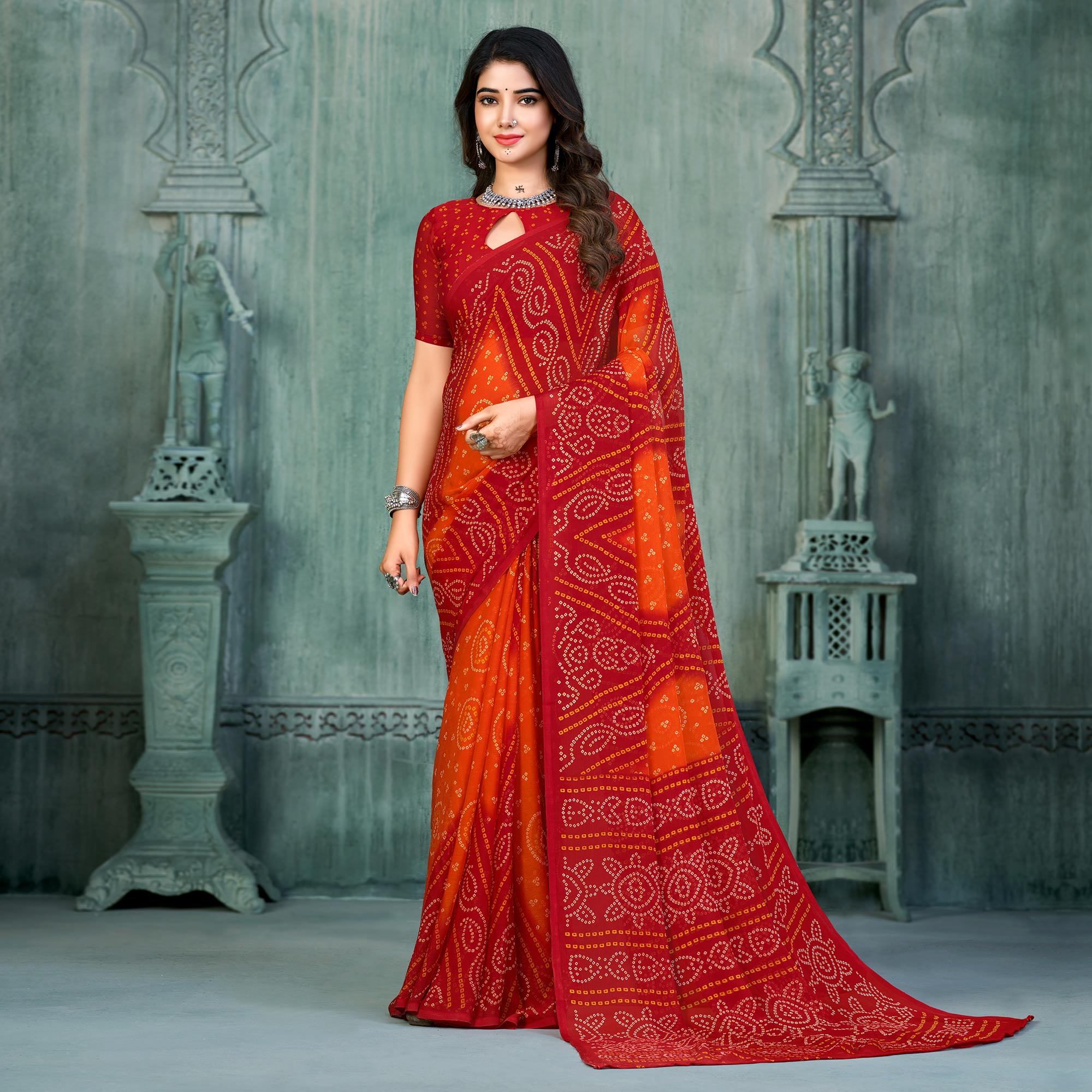 Red & Orange Bandhani Printed Chiffon Saree