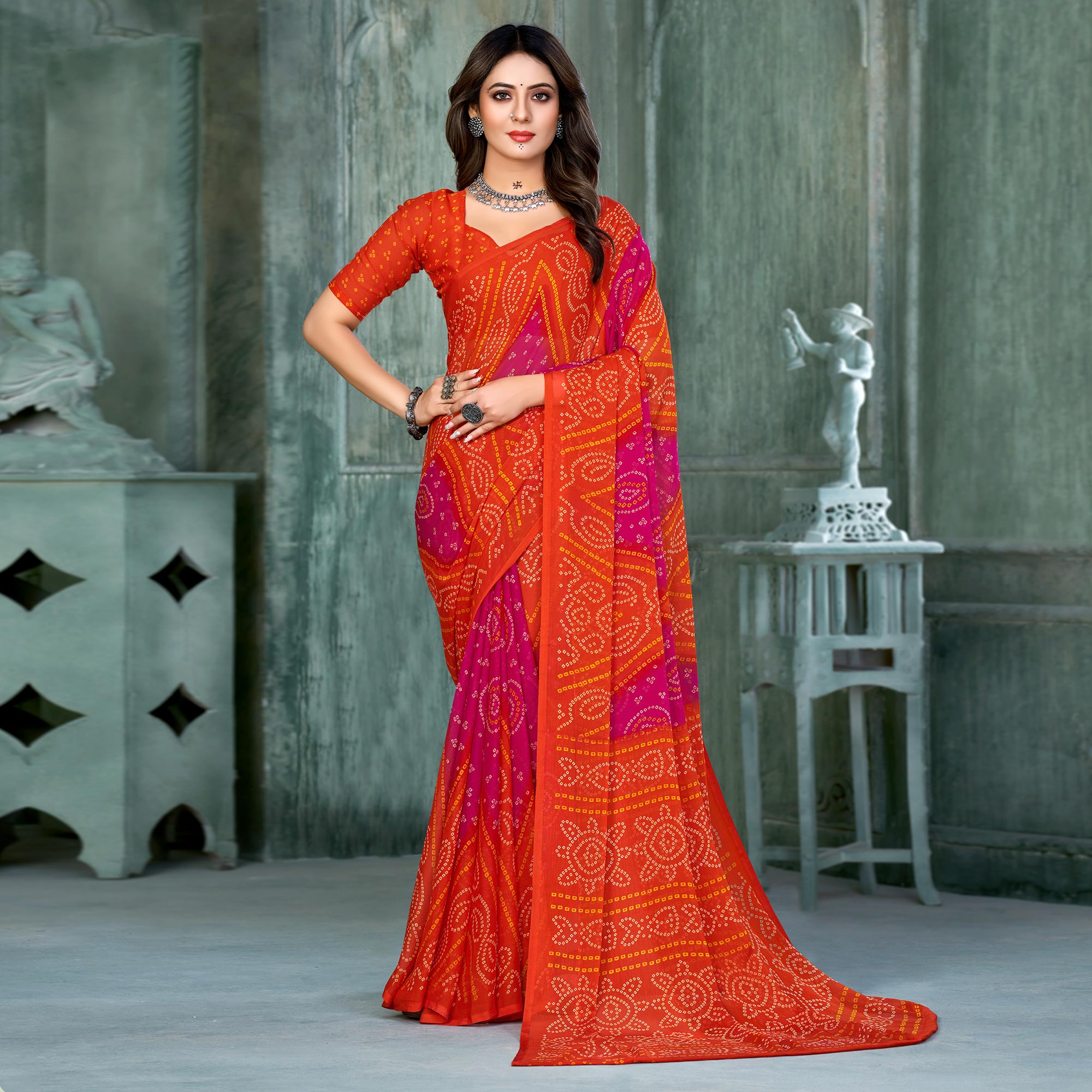 Orange & Magenta Bandhani Printed Chiffon Saree