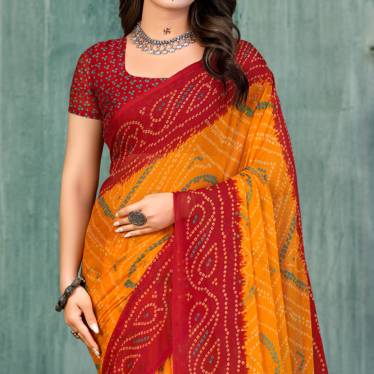 Yellow & Red Bandhani Printed Chiffon Saree