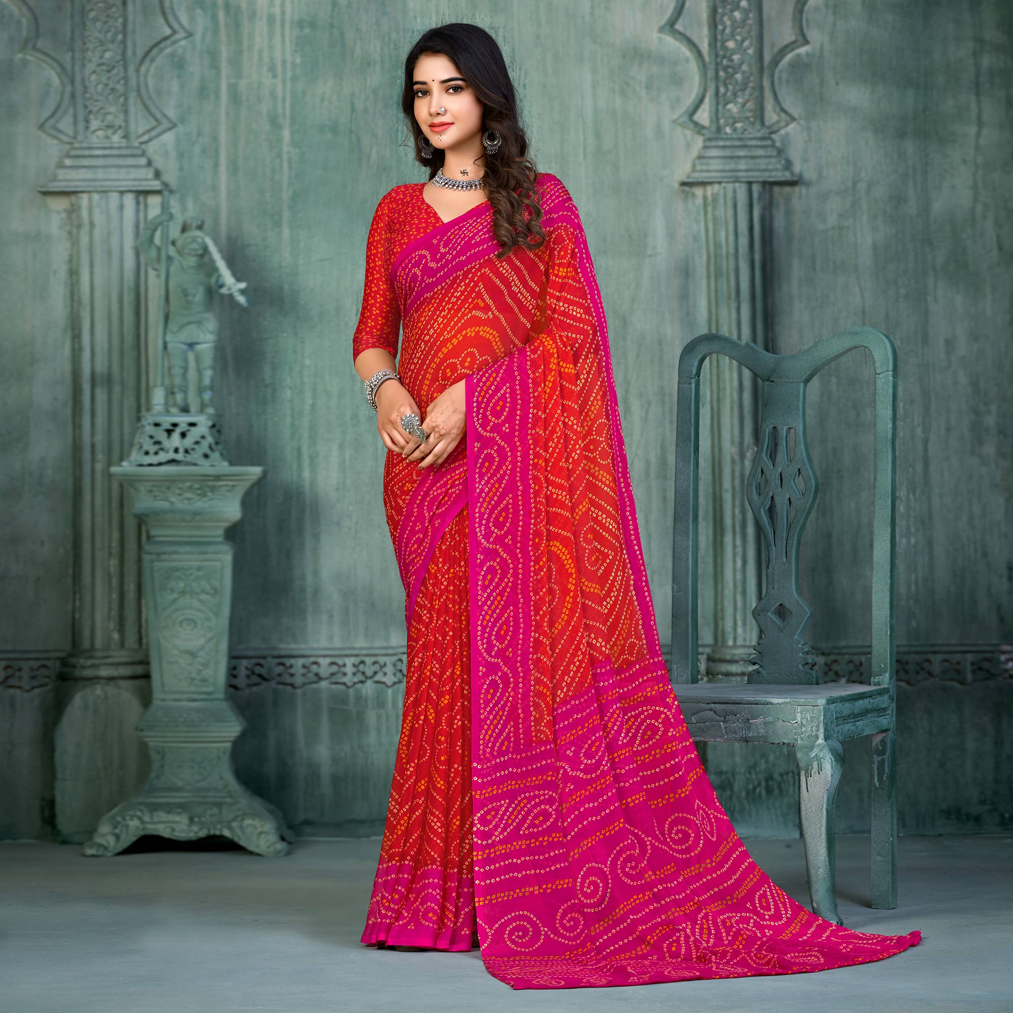 Red & Rani pink Bandhani Printed Chiffon Saree