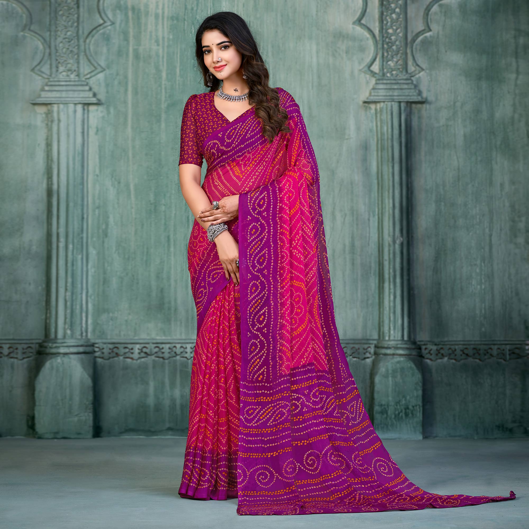 Magenta & Purple Bandhani Printed Chiffon Saree