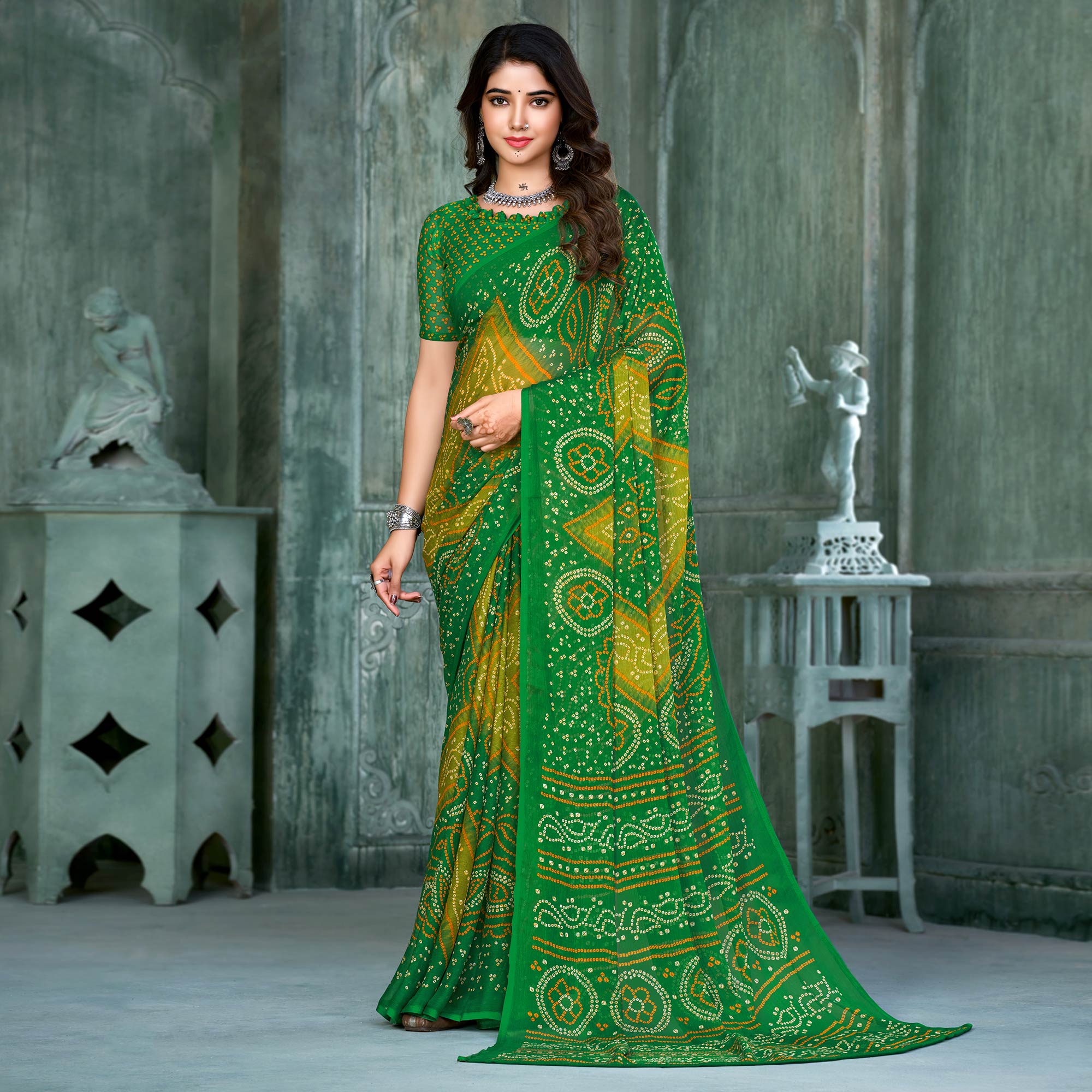 Green & Lemon Yellow Bandhani Printed Chiffon Saree