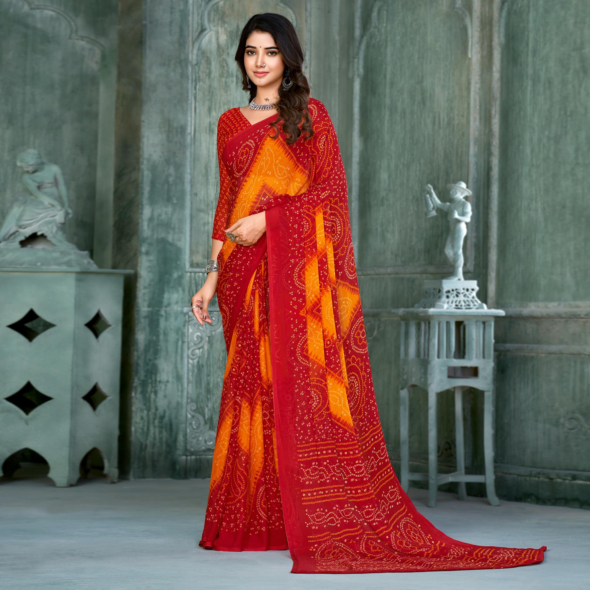 Red & Yellow Bandhani Printed Chiffon Saree