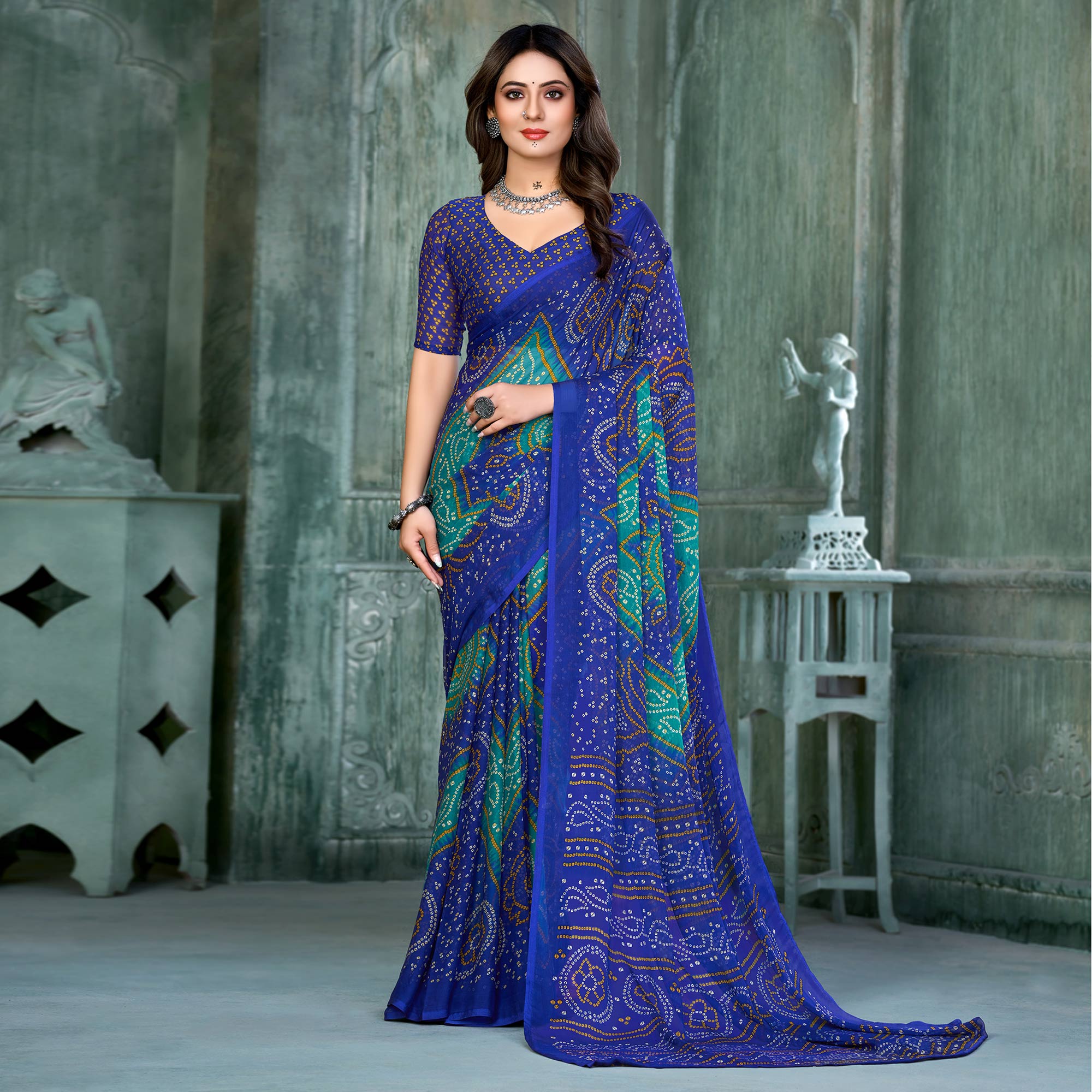 Blue & Teal Bandhani Printed Chiffon Saree