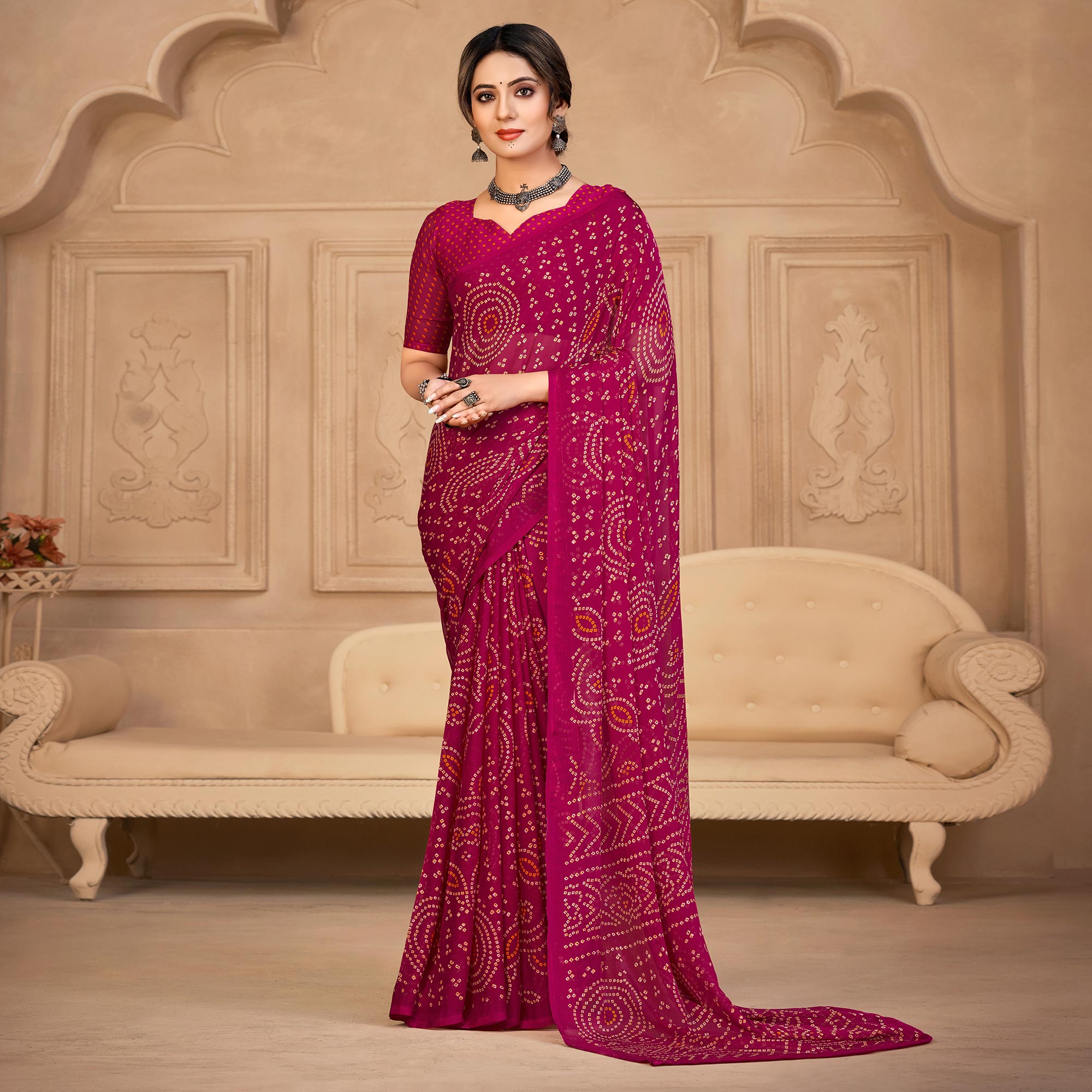 Magenta Bandhani Printed Chiffon Saree