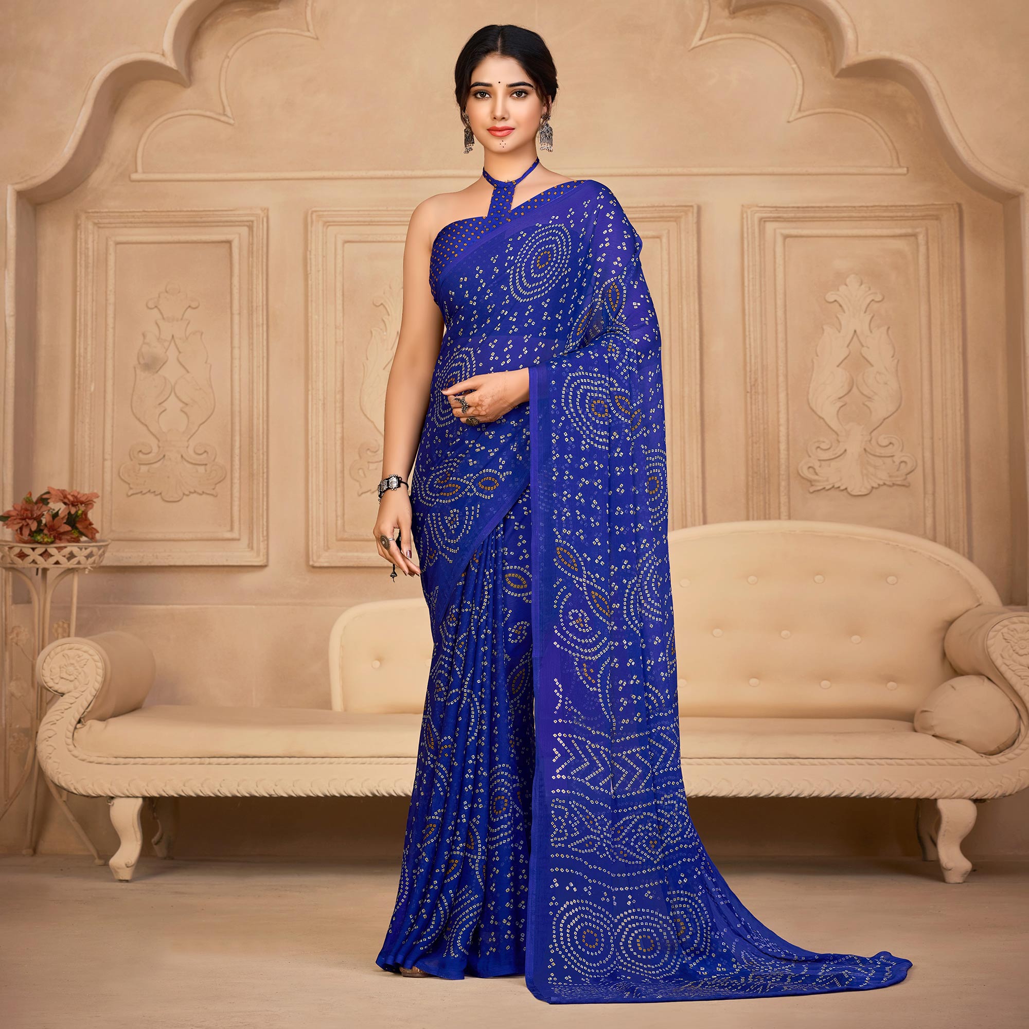 Blue Bandhani Printed Chiffon Saree