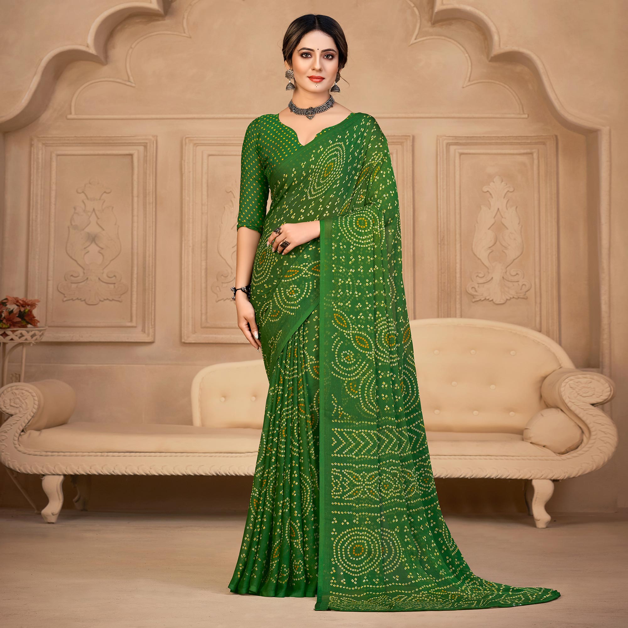 Green Bandhani Printed Chiffon Saree