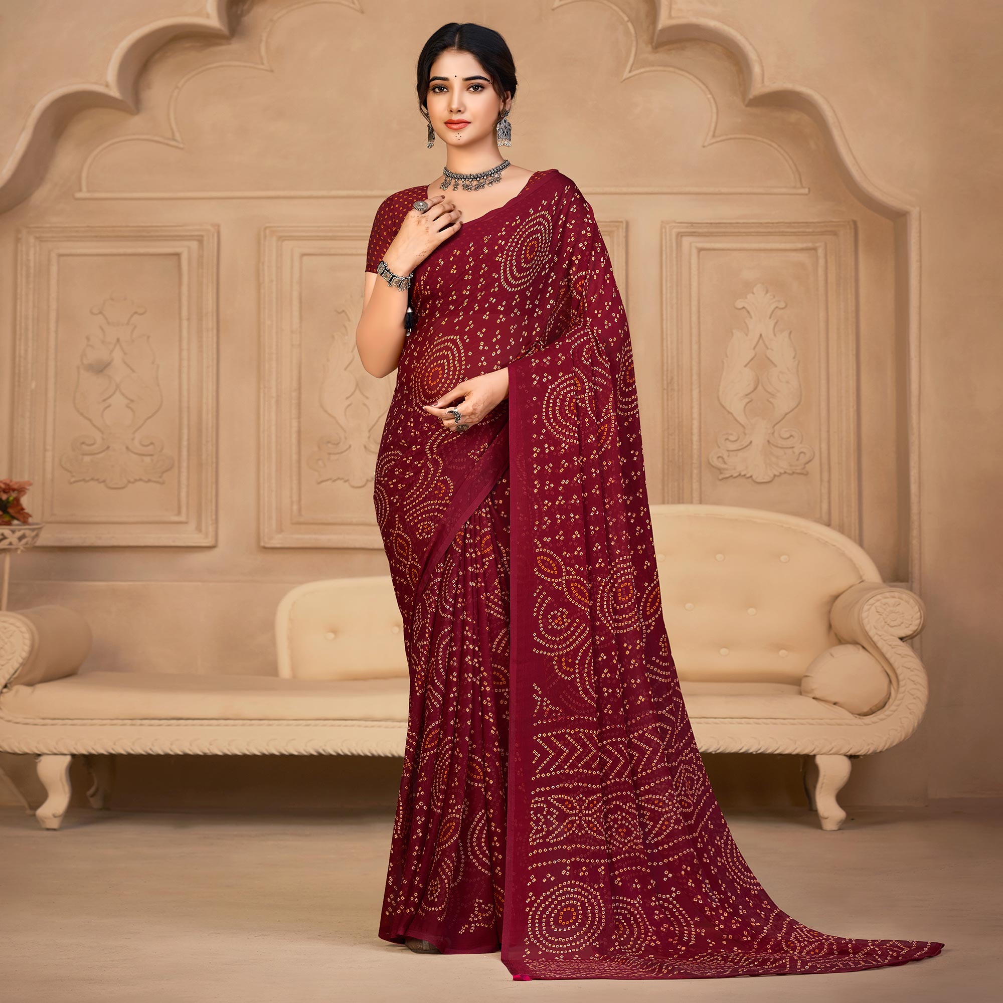 Maroon Bandhani Printed Chiffon Saree