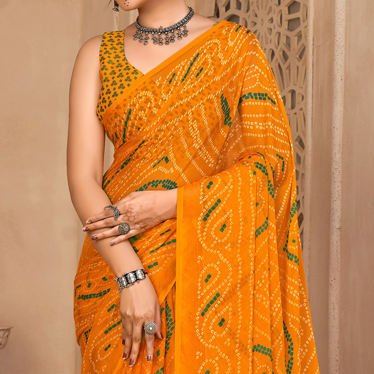 Yellow Bandhani Printed Chiffon Saree