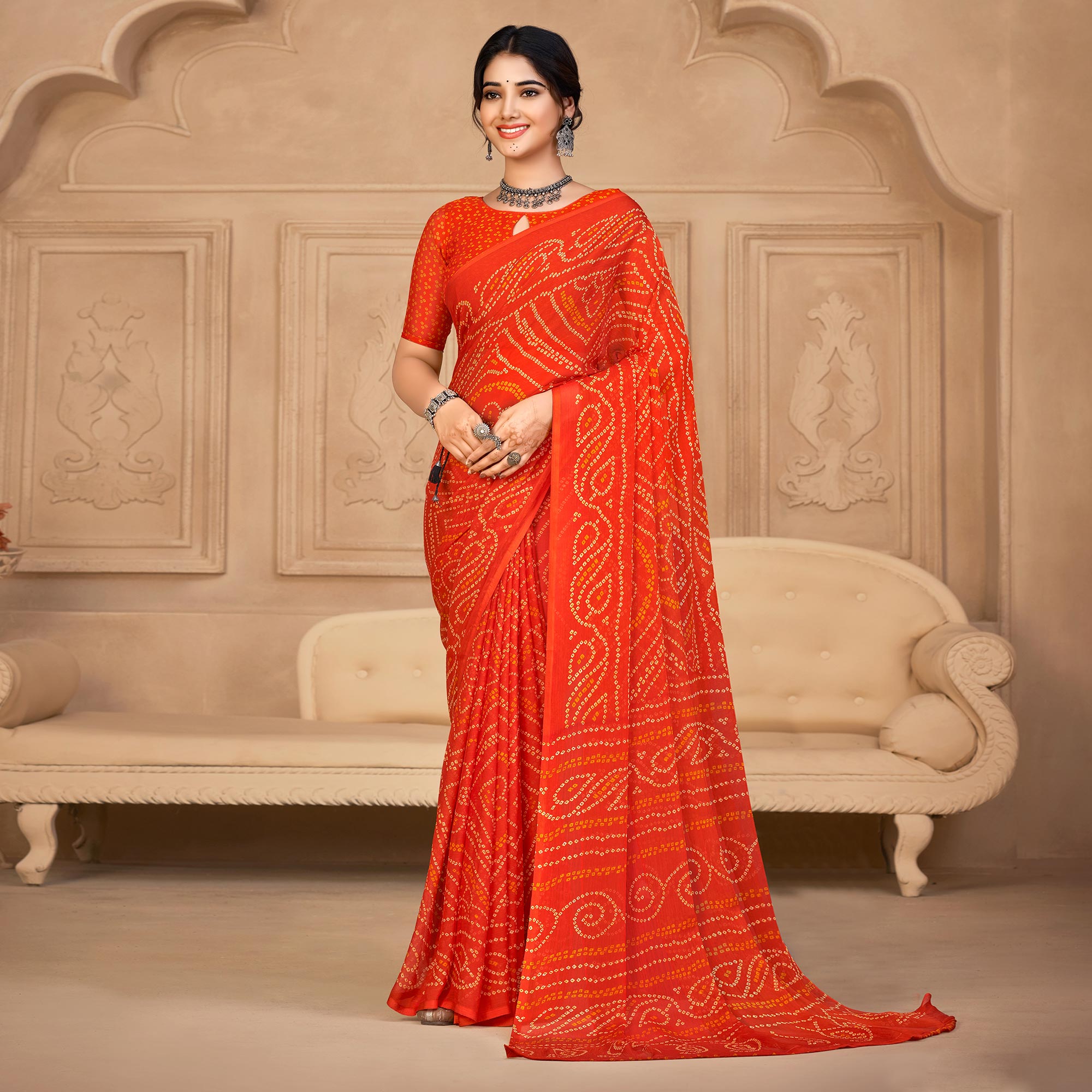 Orange Bandhani Printed Chiffon Saree