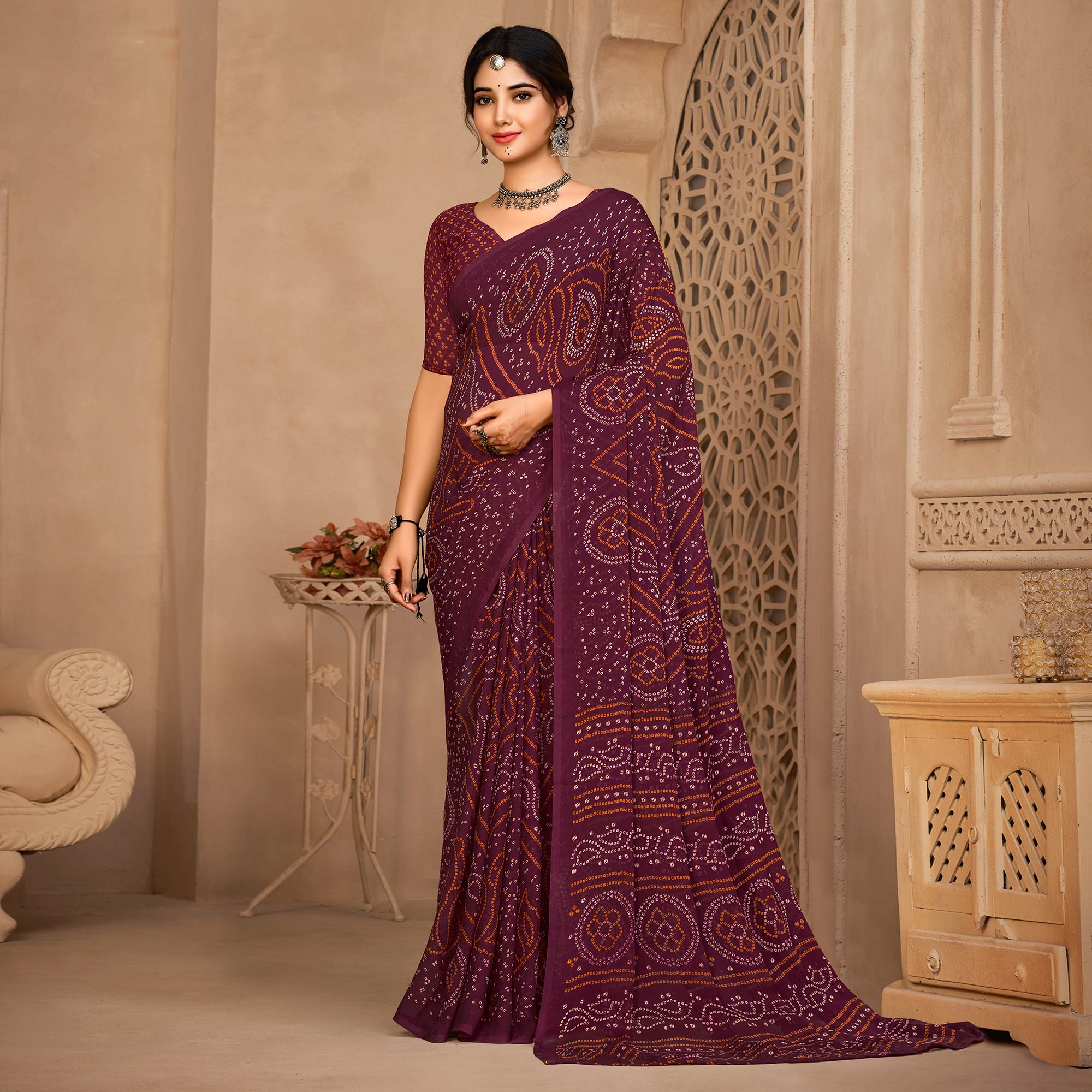 Wine Bandhani Printed Chiffon Saree