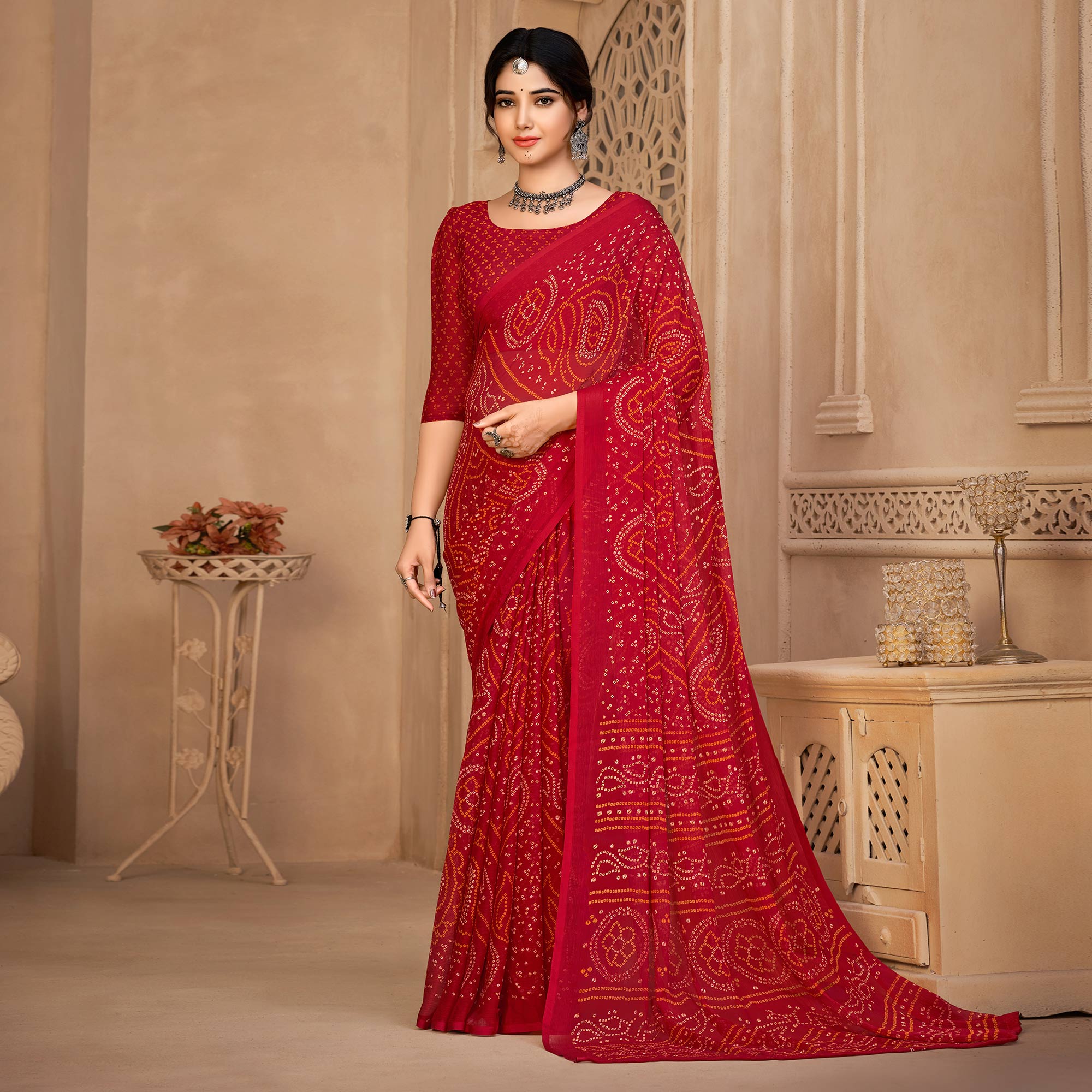 Red Bandhani Printed Chiffon Saree