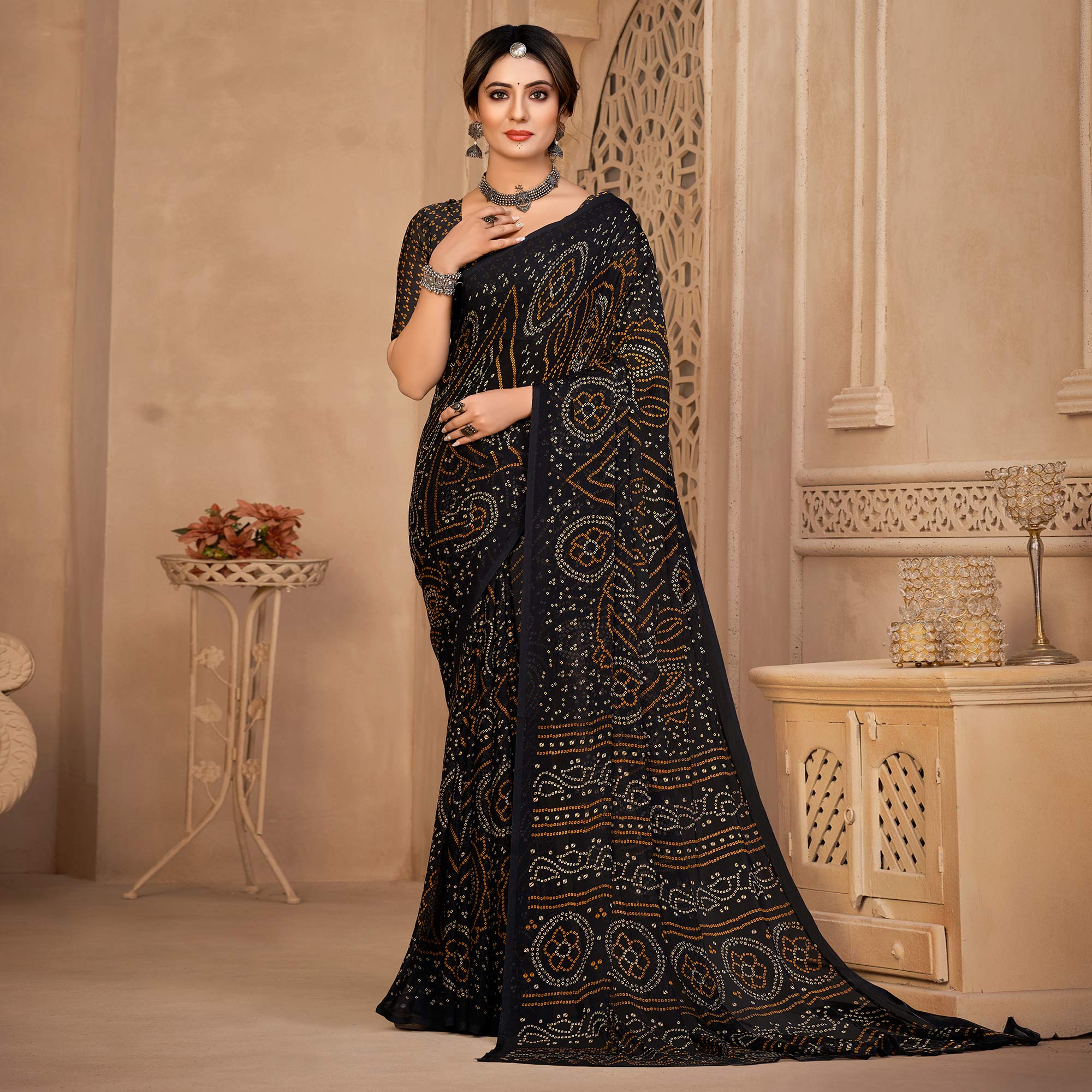 Black Bandhani Printed Chiffon Saree