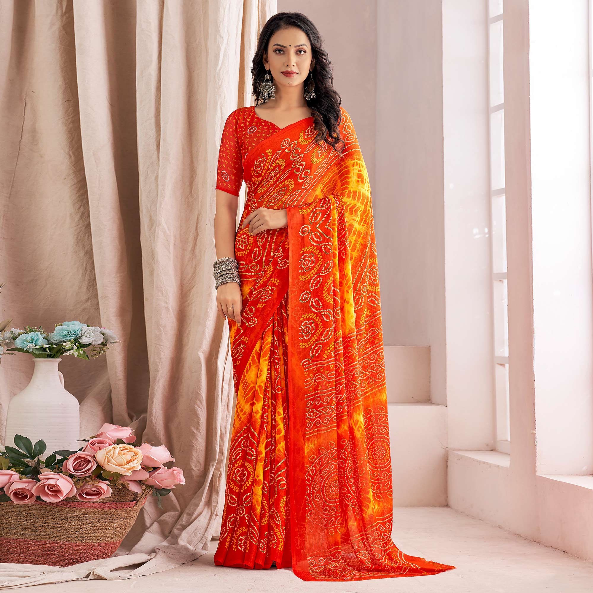 Orange Bandhani Printed Chiffon Saree