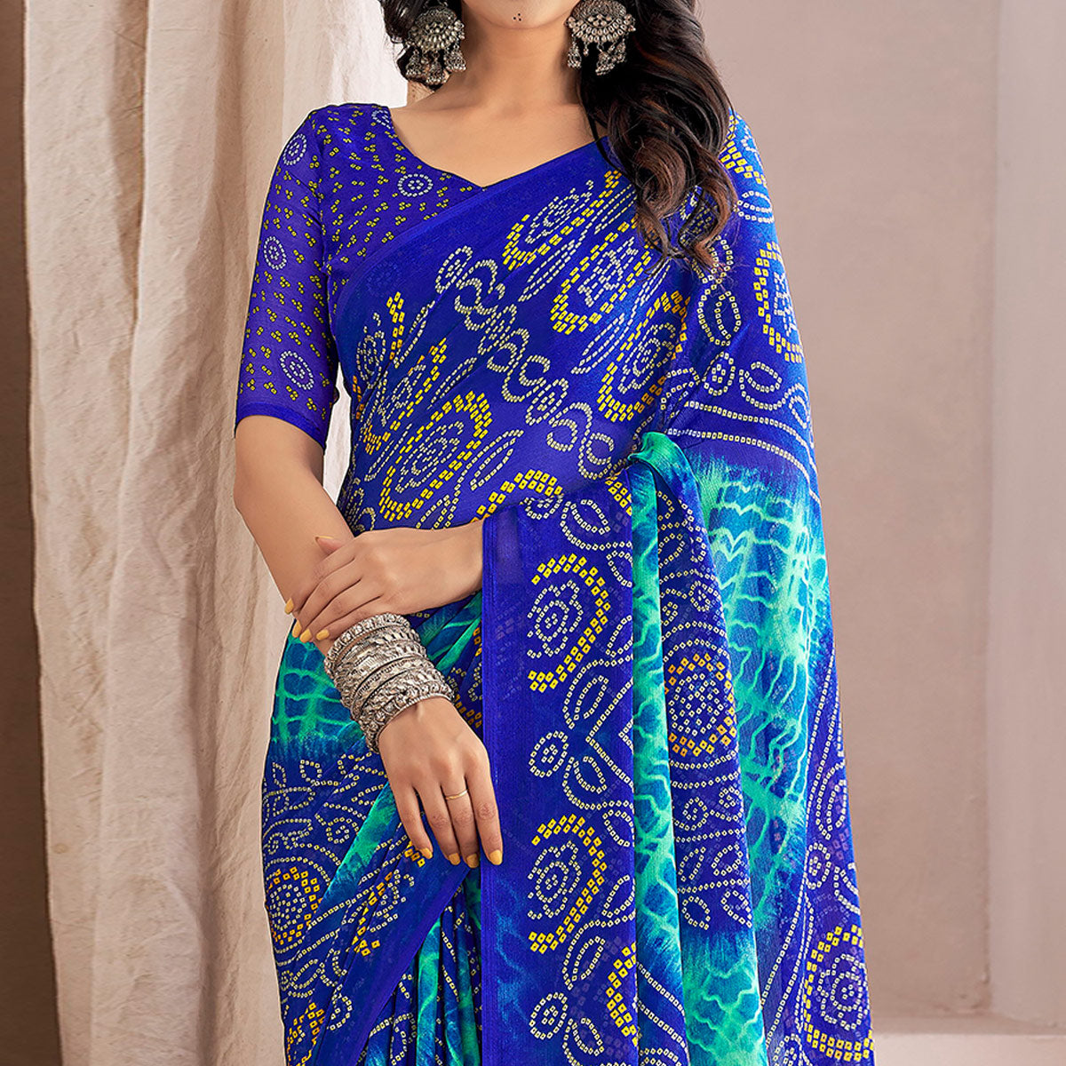 Royal Blue Bandhani Printed Chiffon Saree