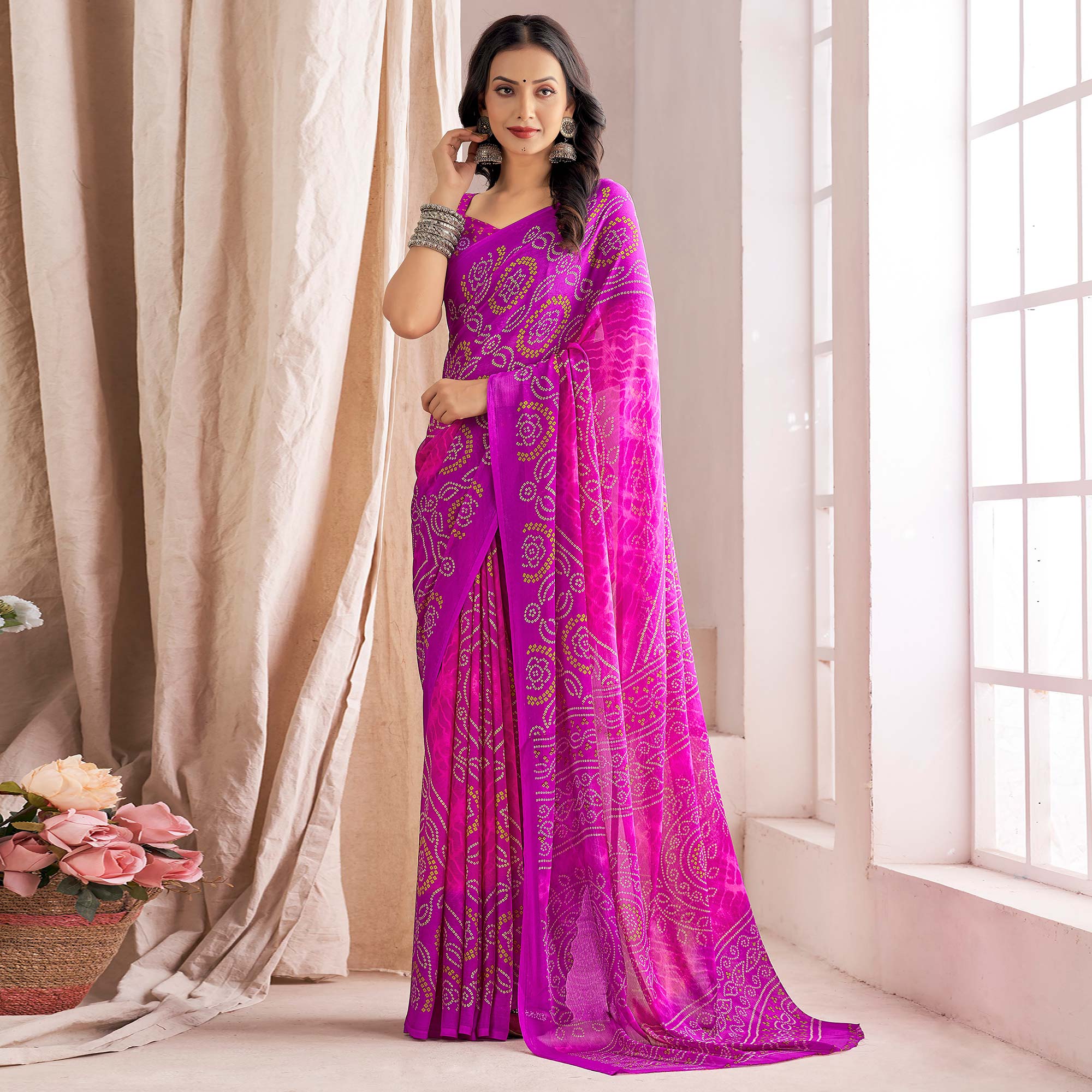 Purple Bandhani Printed Chiffon Saree