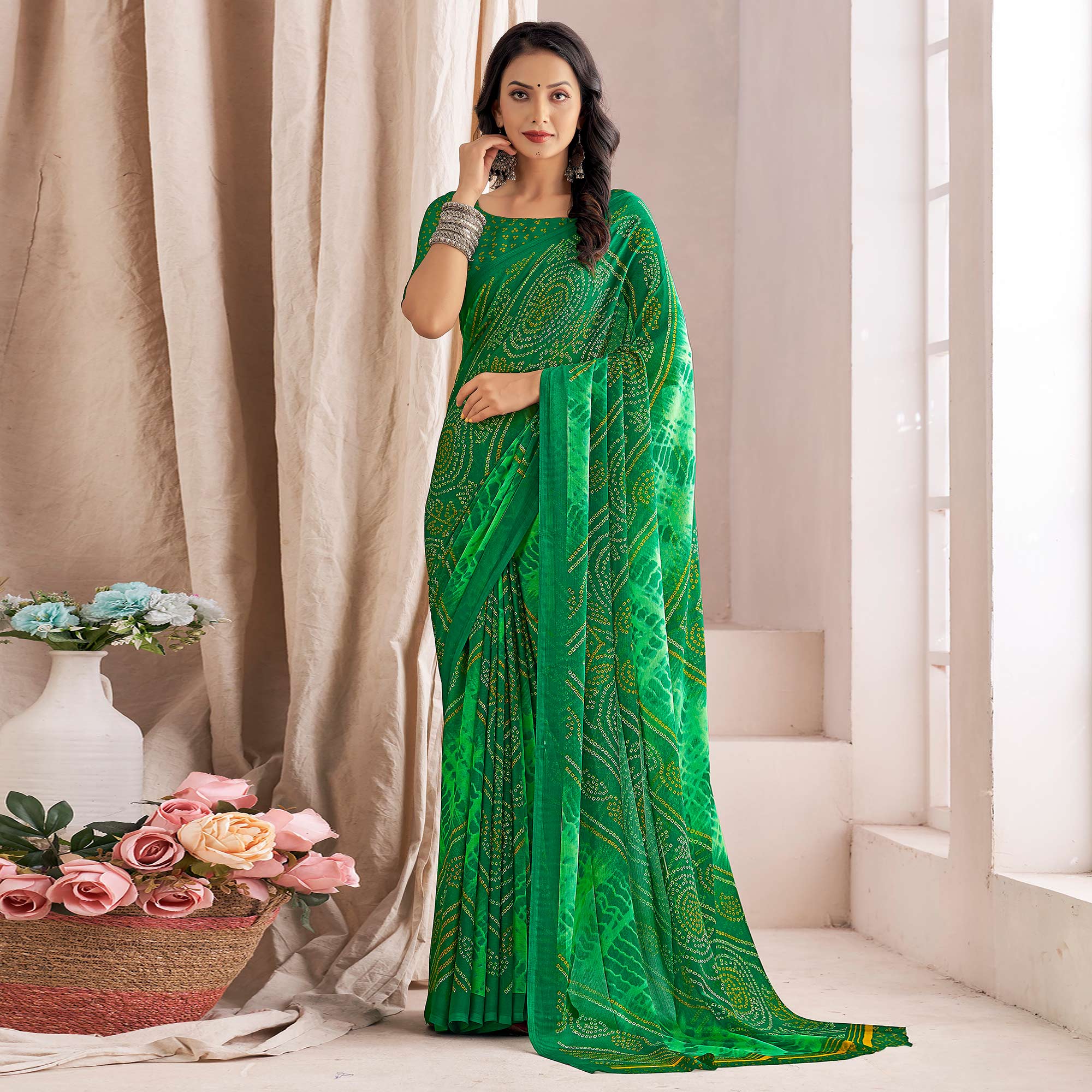 Green Bandhani Printed Chiffon Saree