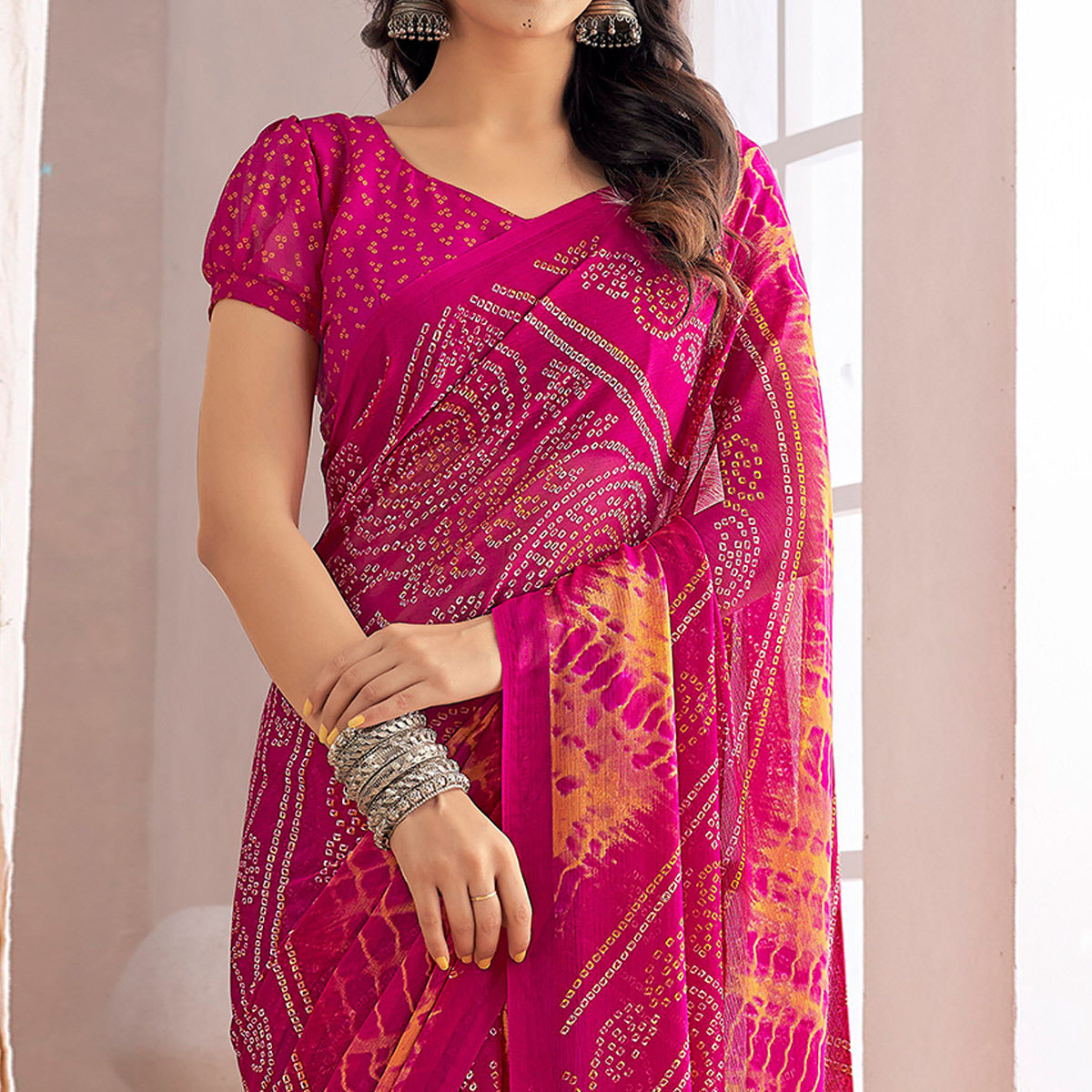 Rani pink Bandhani Printed Chiffon Saree