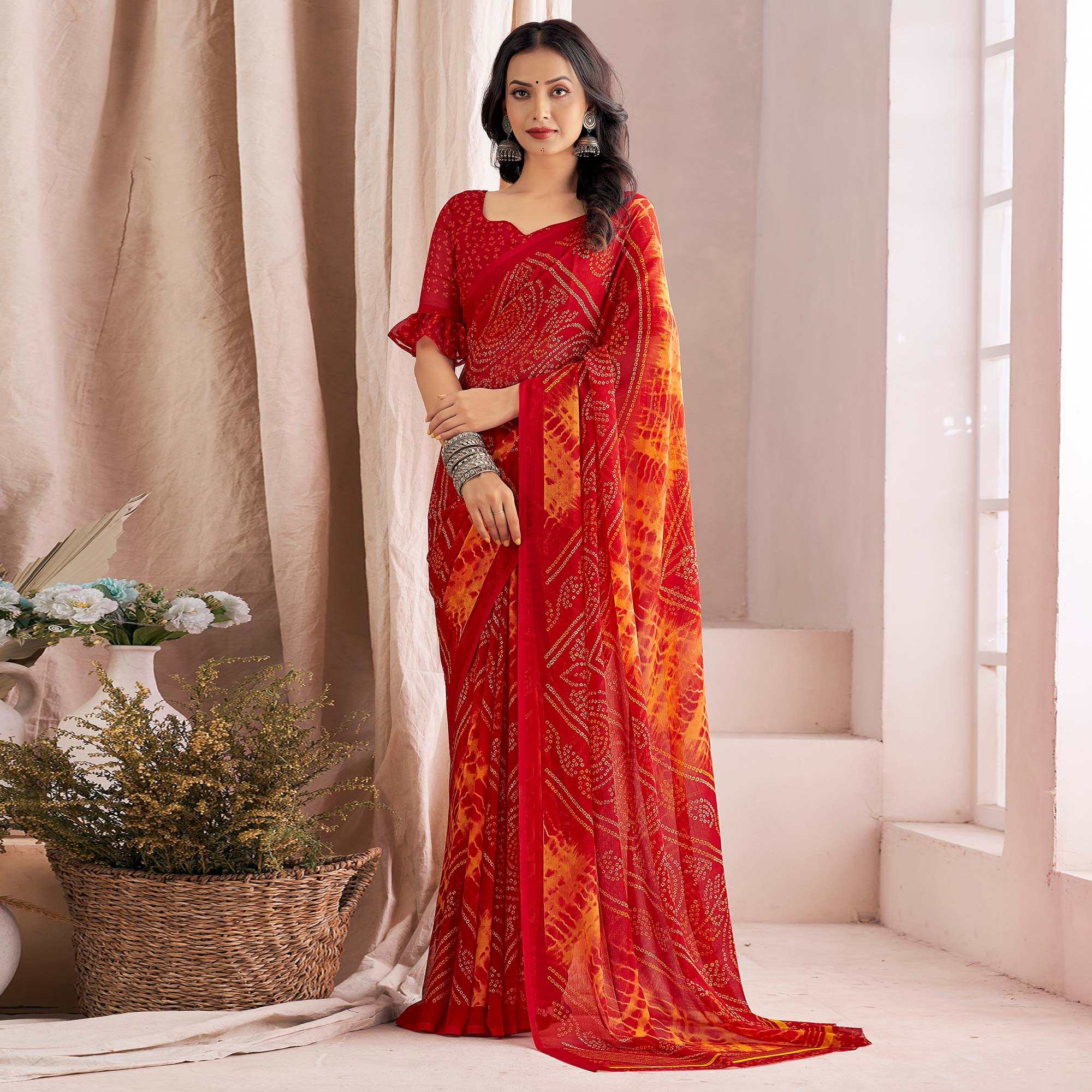 Red Bandhani Printed Chiffon Saree