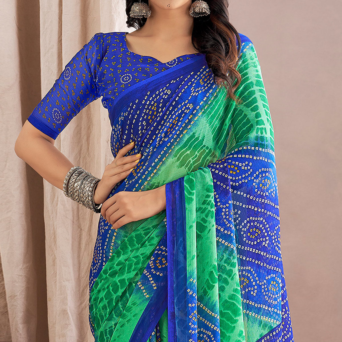 Blue Bandhani Printed Chiffon Saree