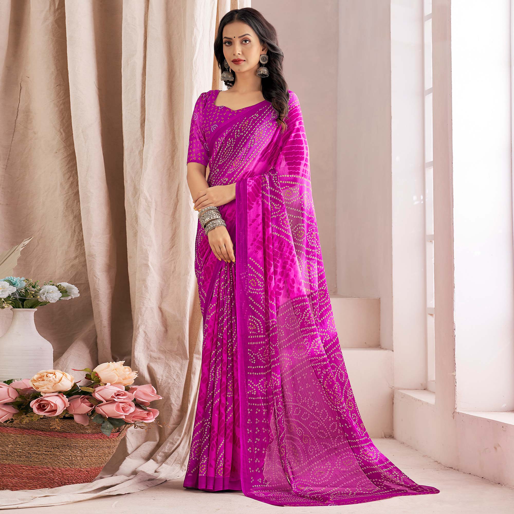 Purple Bandhani Printed Chiffon Saree