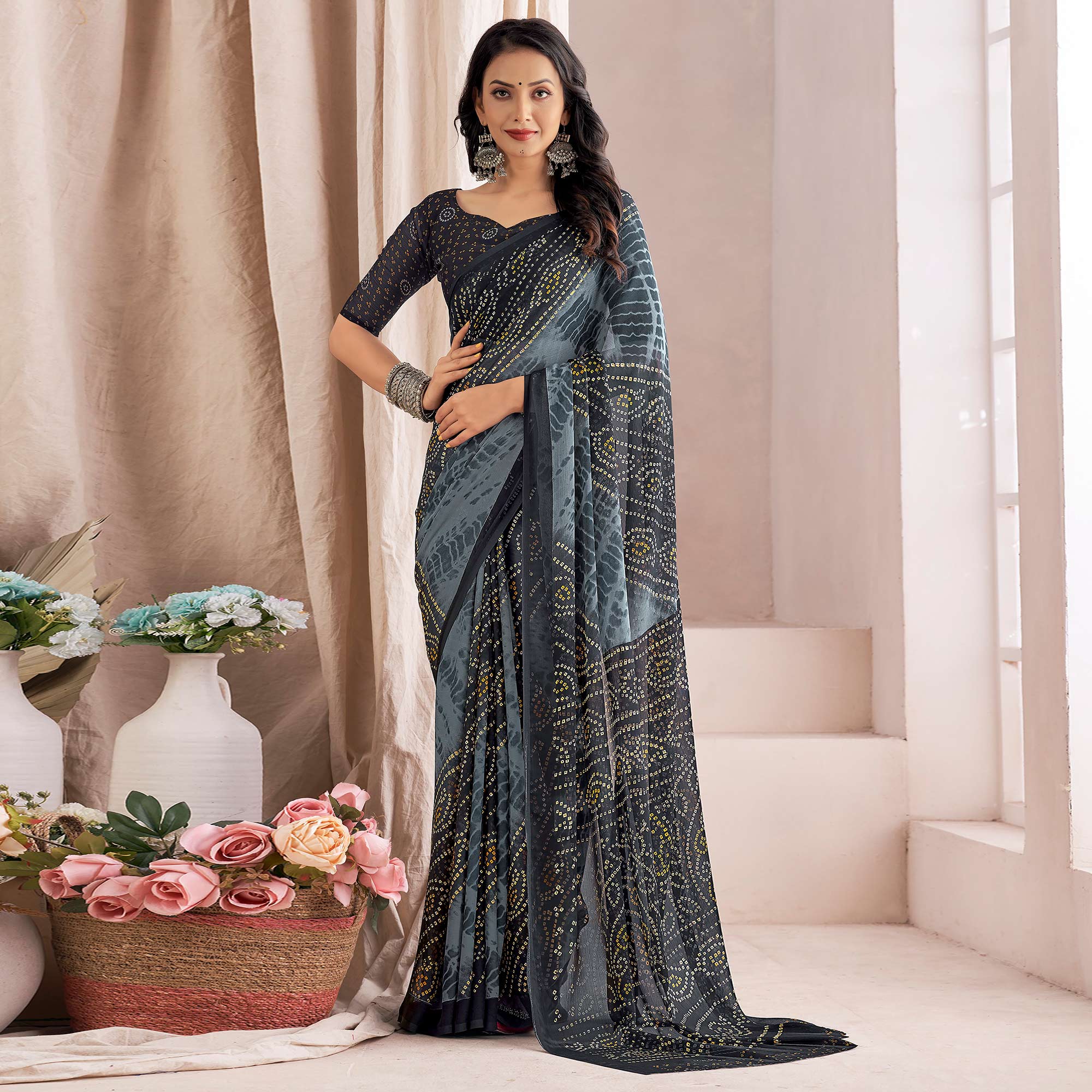 Grey Bandhani Printed Chiffon Saree