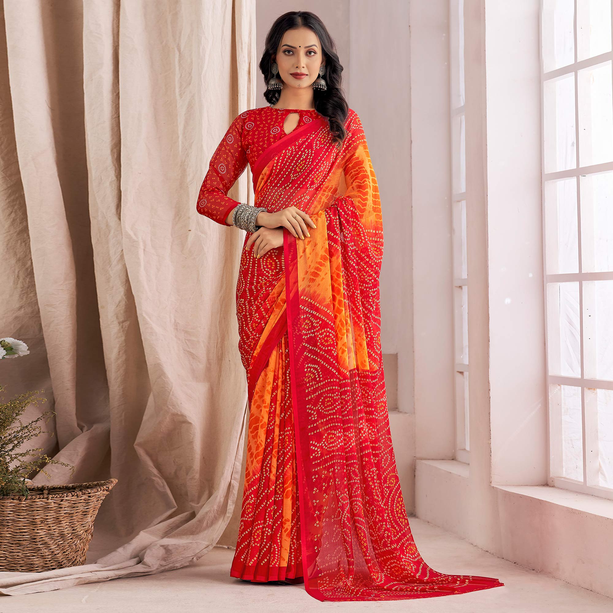 Red Bandhani Printed Chiffon Saree