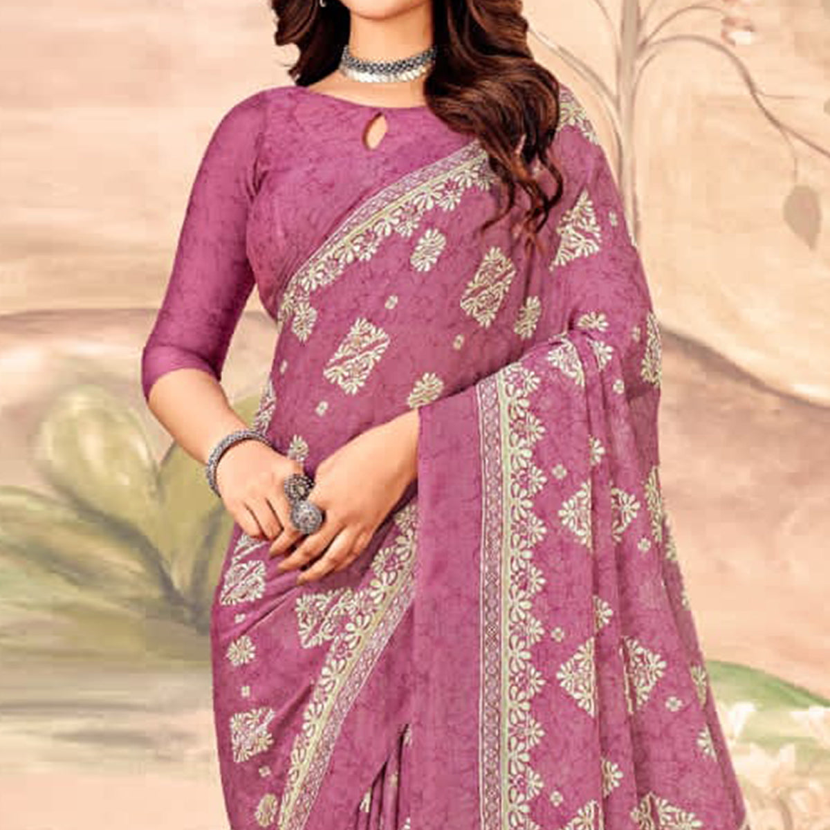 Onion Pink Floral Printed Chiffon Saree