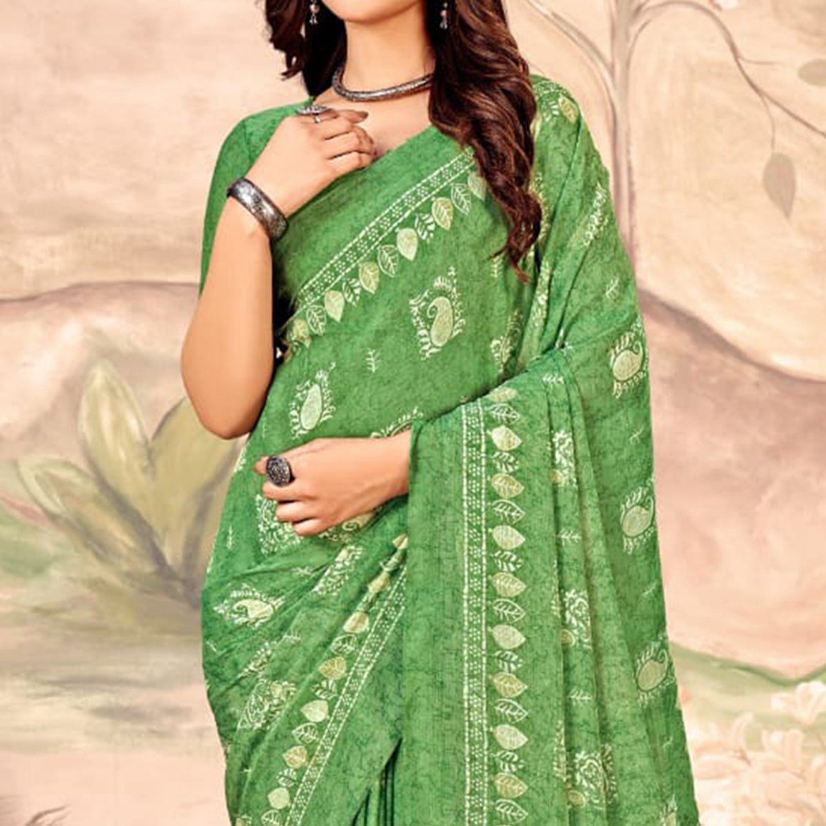 Green Floral Printed Chiffon Saree