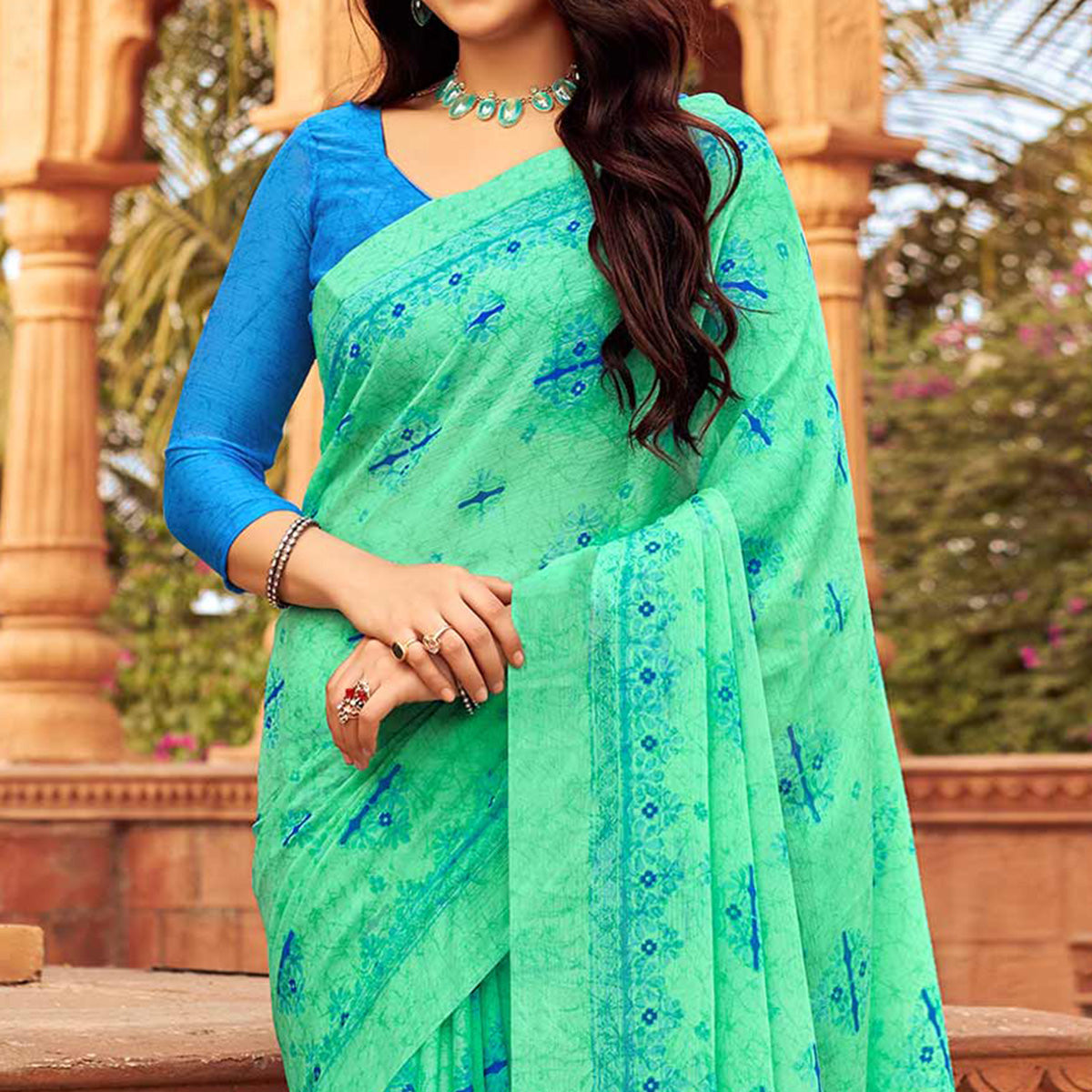 Sea Green Floral Printed Chiffon Saree
