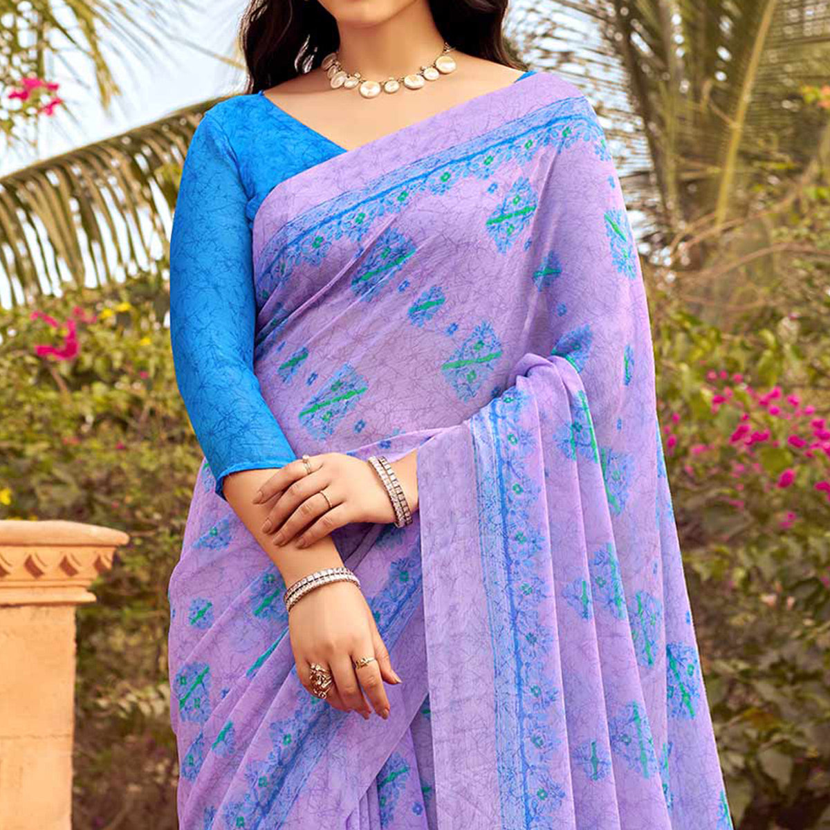 Purple Floral Printed Chiffon Saree