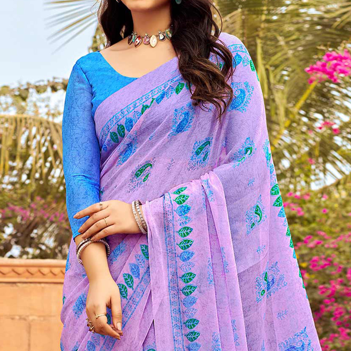 Purple Printed Chiffon Saree